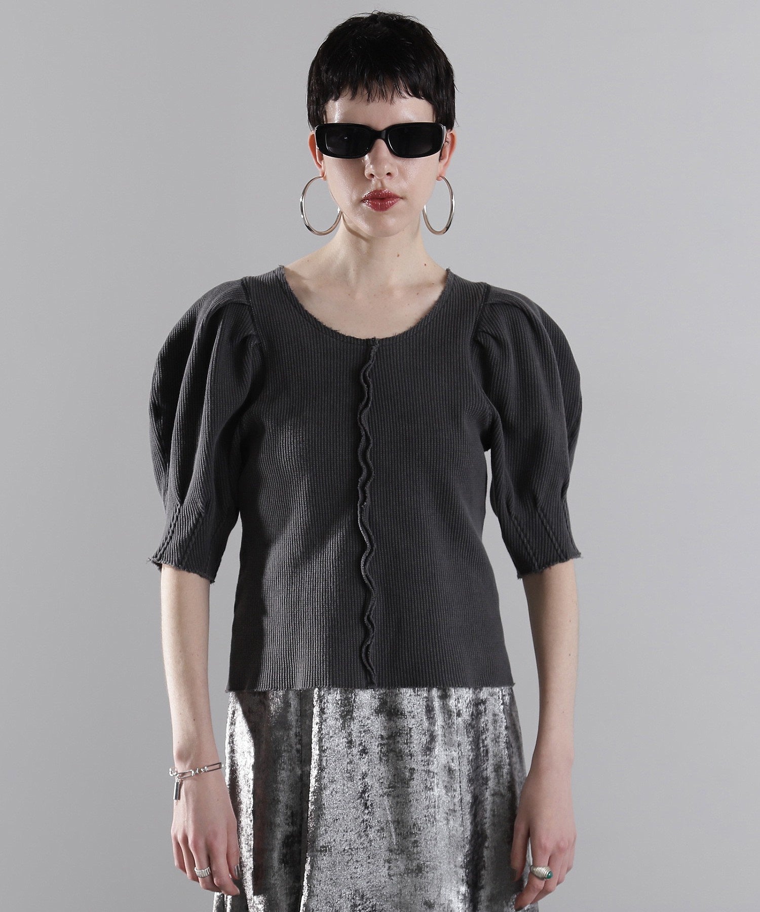 mici/ボリュームスリーブワッフルトップス