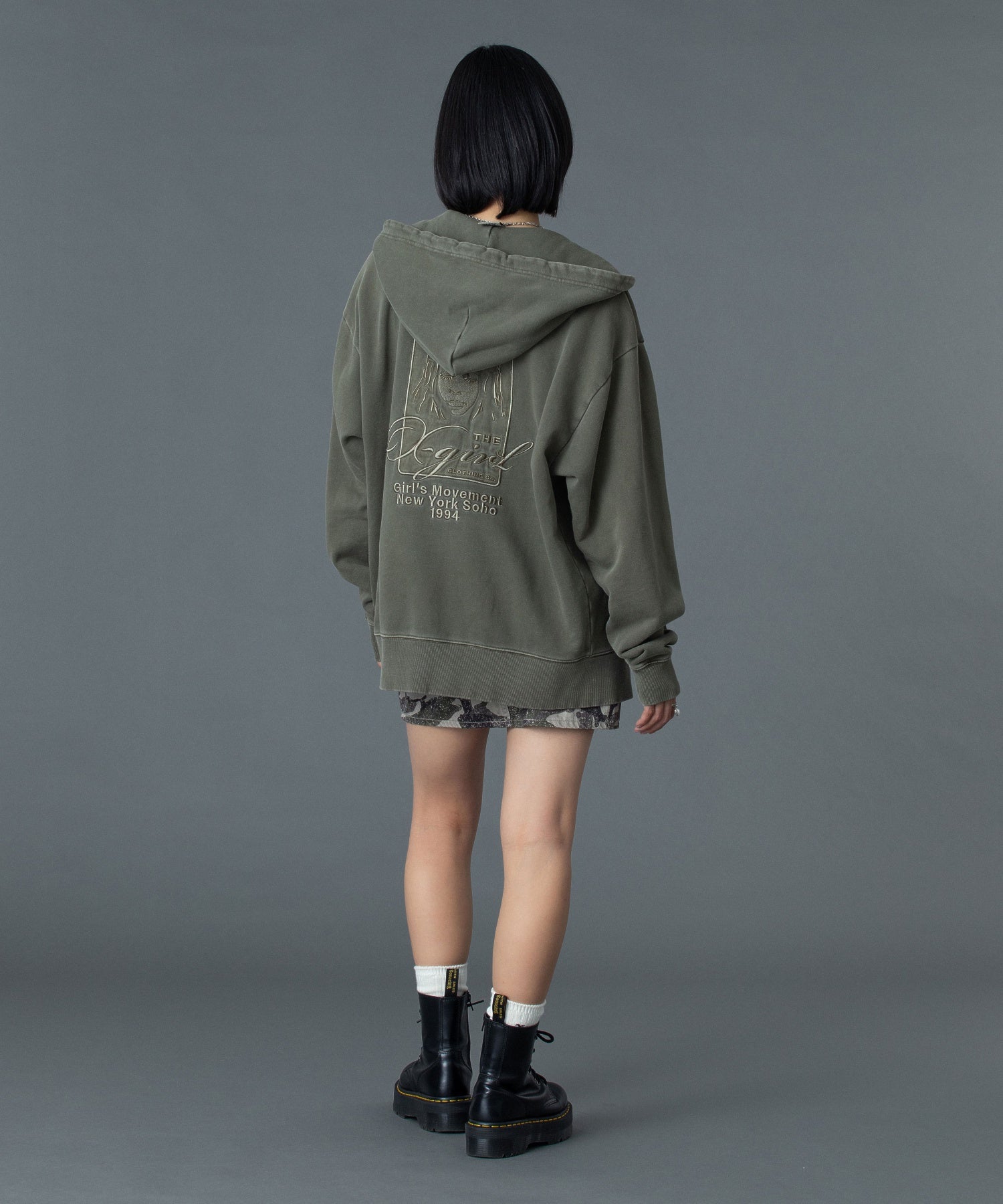 PIGMENT DYED FACE AND LOGO SQUARE PATCH ZIP UP SWEAT HOODIE