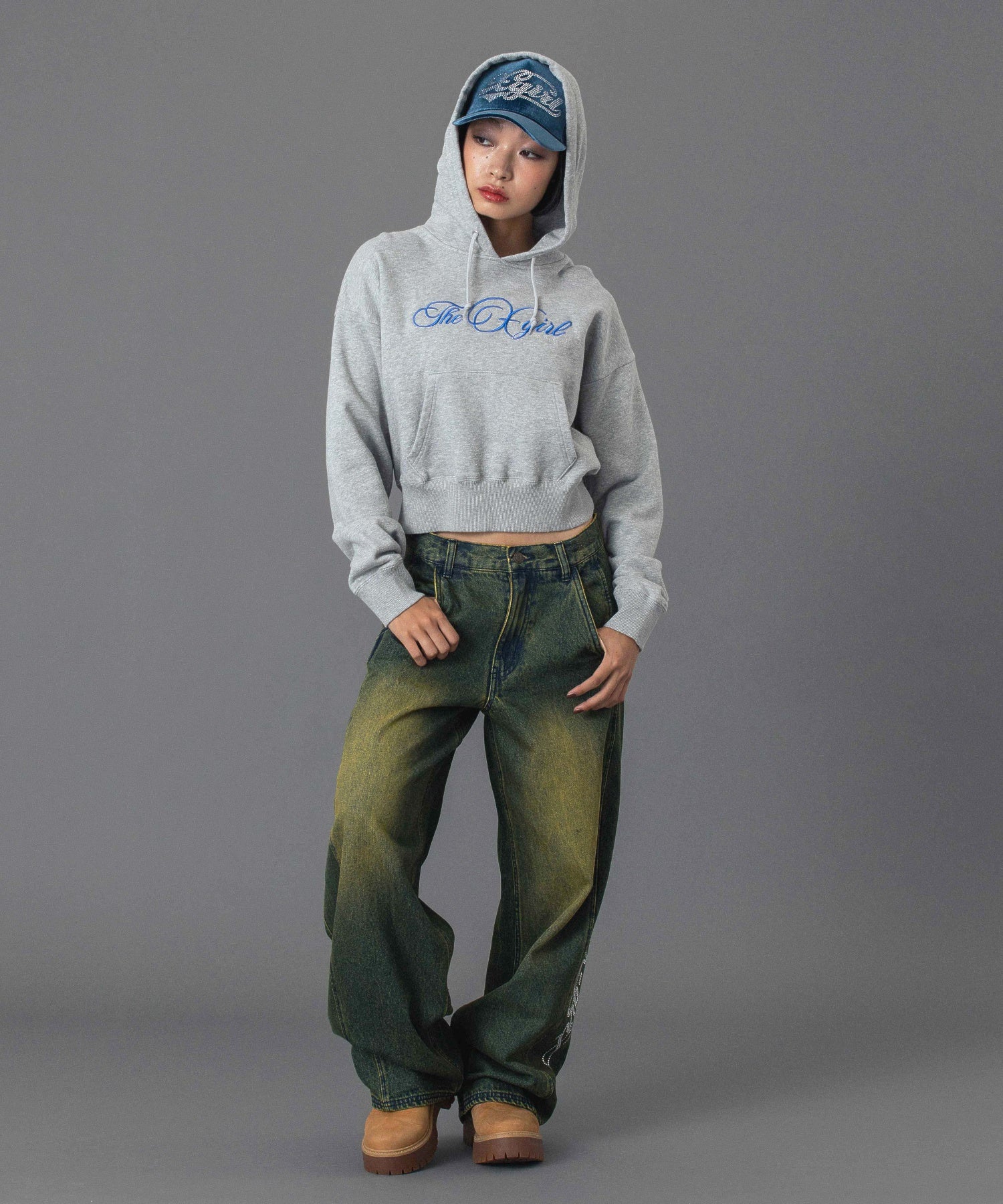 RHINESTONE LOGO LOOSE DENIM PANTS