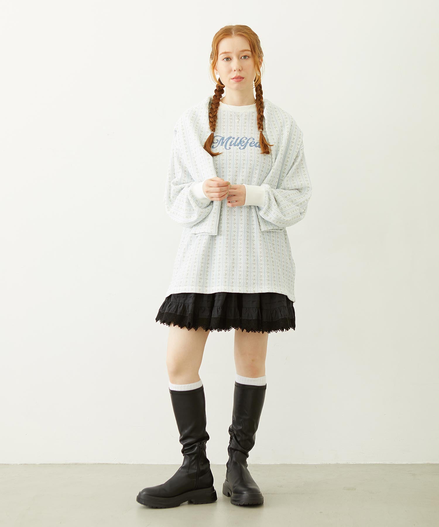 STRIPED FLOWER WAFFLE L/S TOP