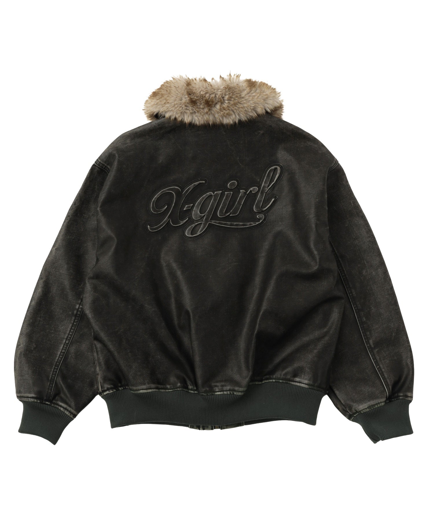 EMBOSSED LOGO PATCH DISTRESSED FAUX LEATHER JACKET