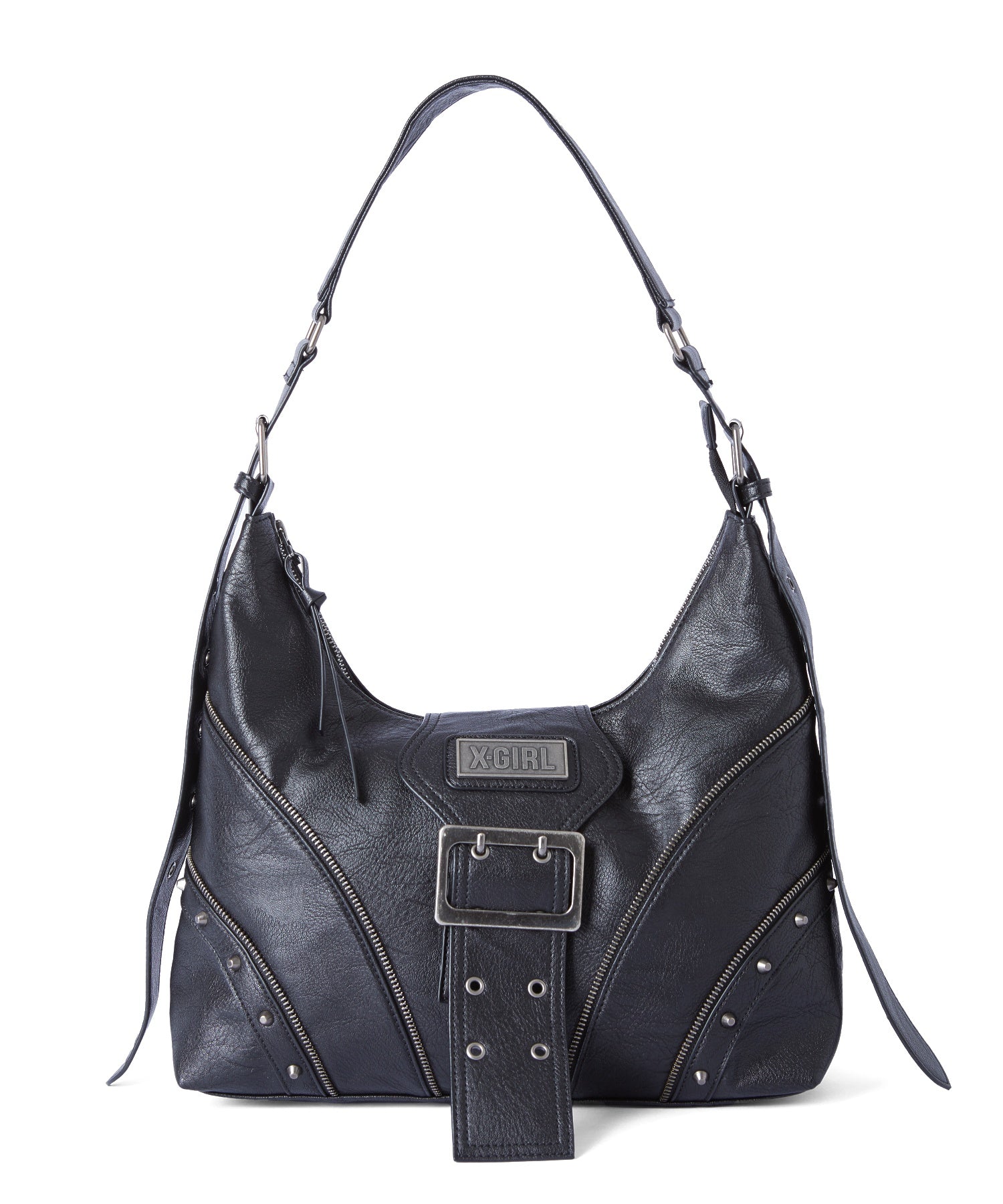 STUDDED PANELED FAUX LEATHER SHOULDER BAG