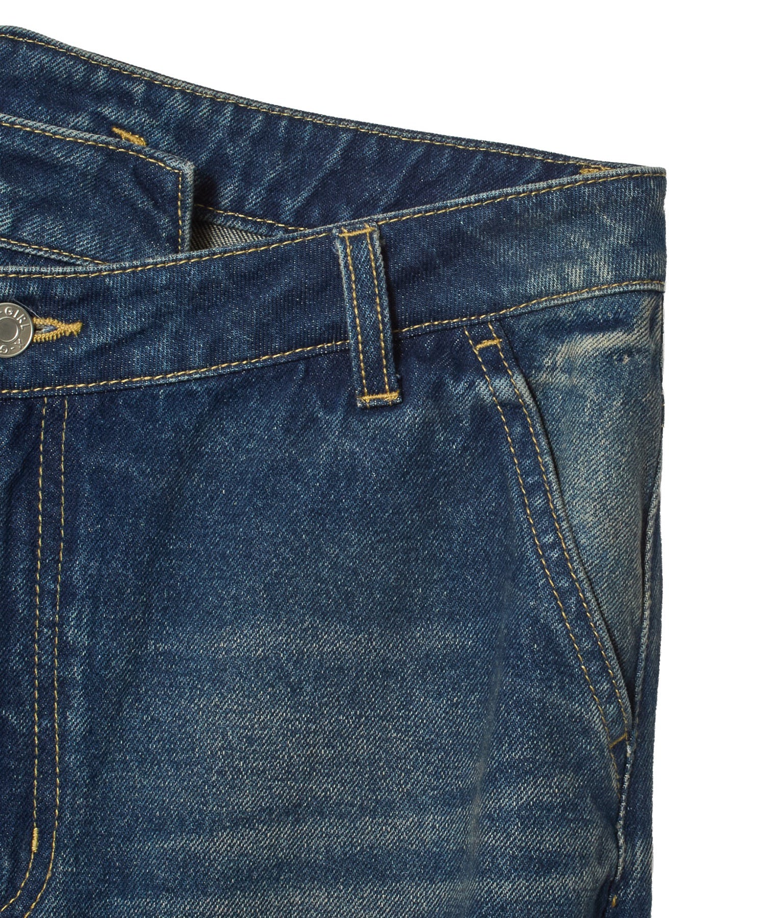 EMBLEM POCKET ASYMMETRIC WAIST DENIM PANTS