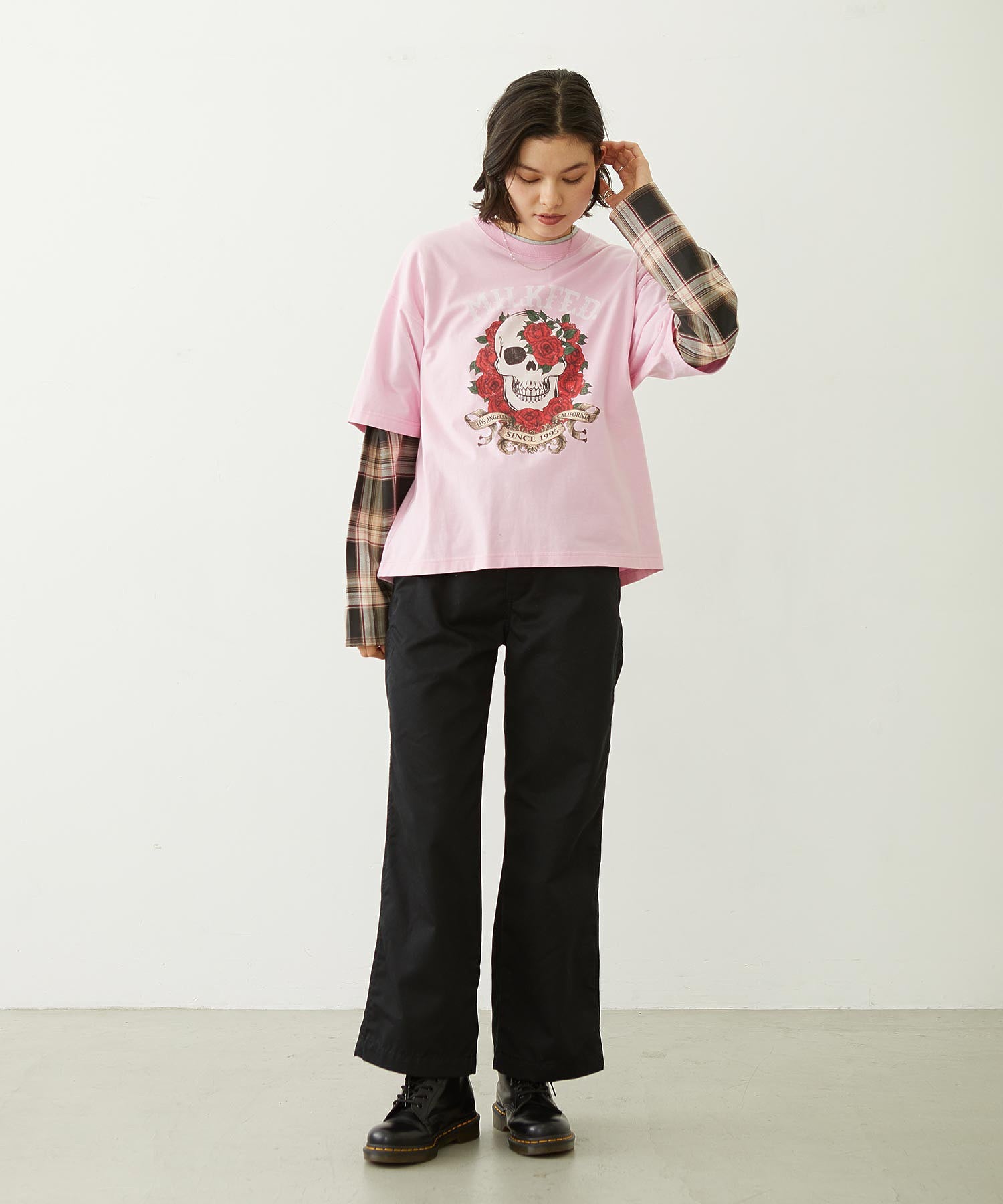 PLAID SLEEVES L/S TOP