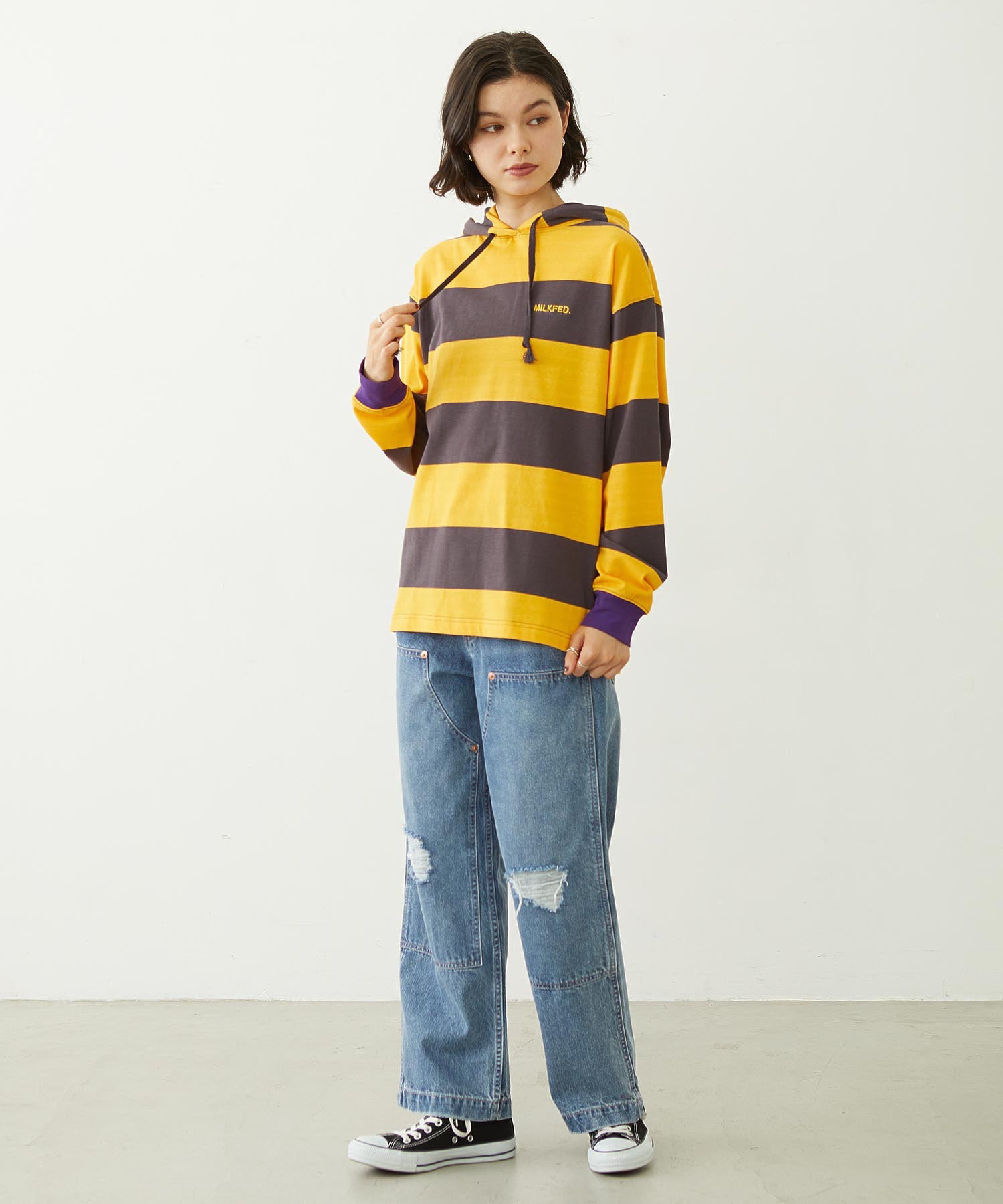 CONTRAST RIB STRIPED HOODED TOP