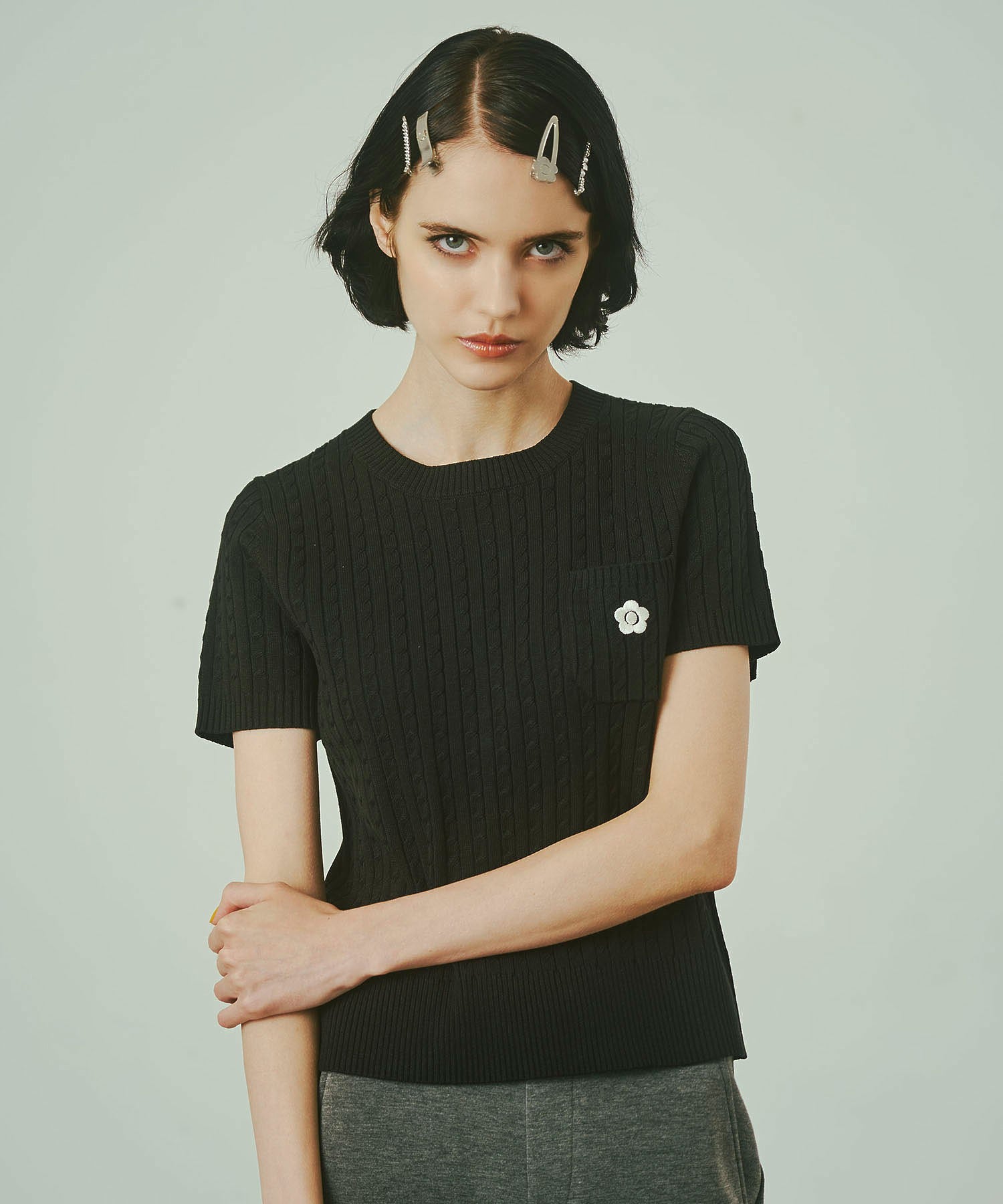 【レッドROSE BUD別注カラー】MARY QUANT/CABLE HALF SLEEVE KNIT