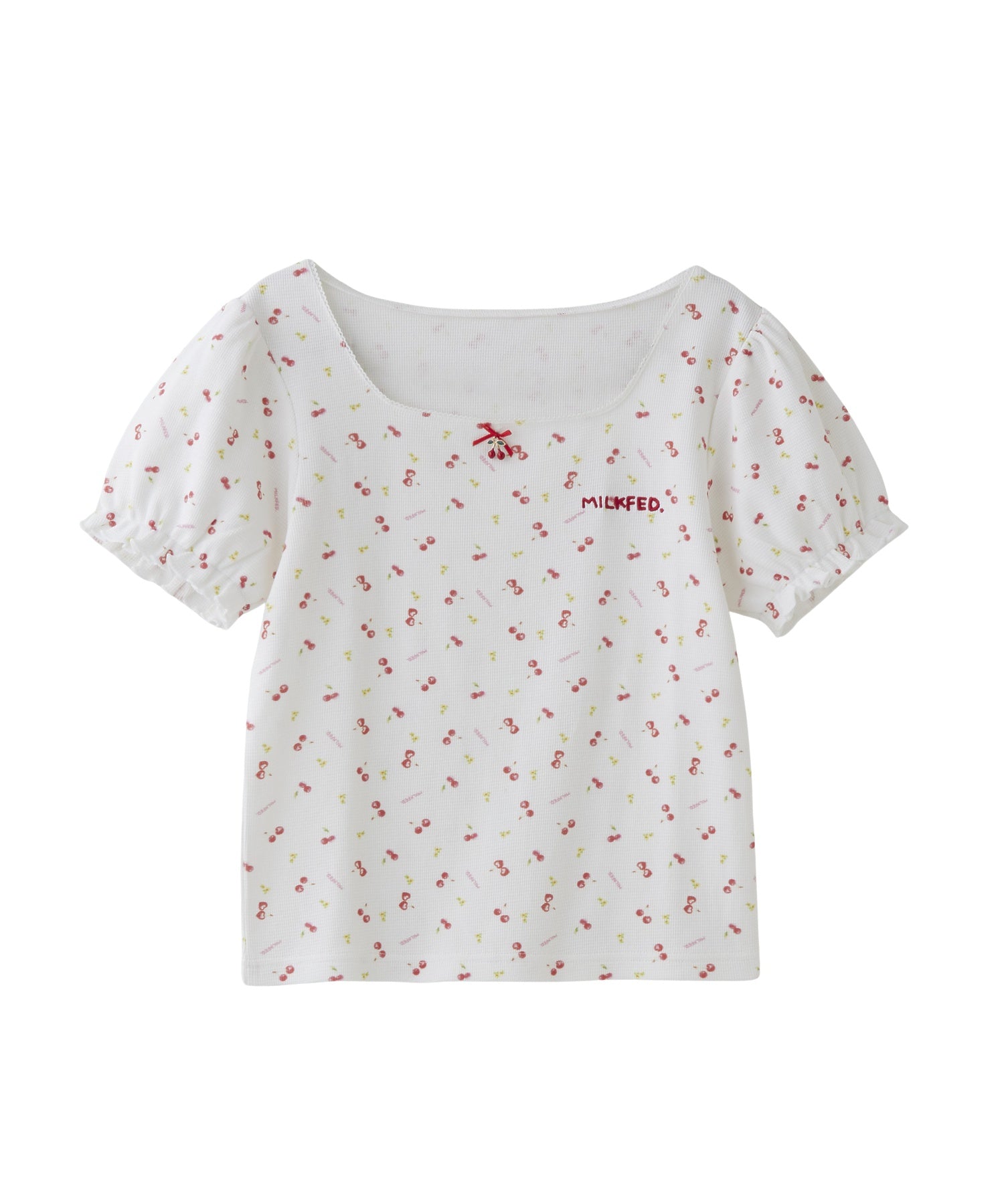 CHERRY PATTERN WAFFLE PUFF SLEEVES TOP