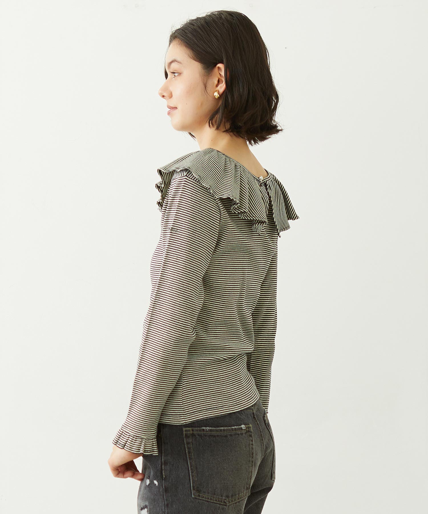 2WAY RUFFLE COLLAR STRIPED L/S TOP