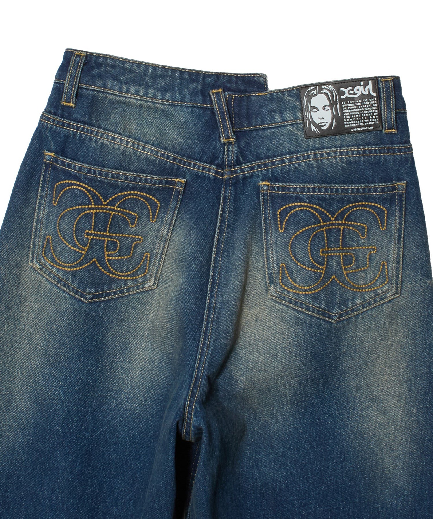 EMBLEM POCKET ASYMMETRIC WAIST DENIM PANTS