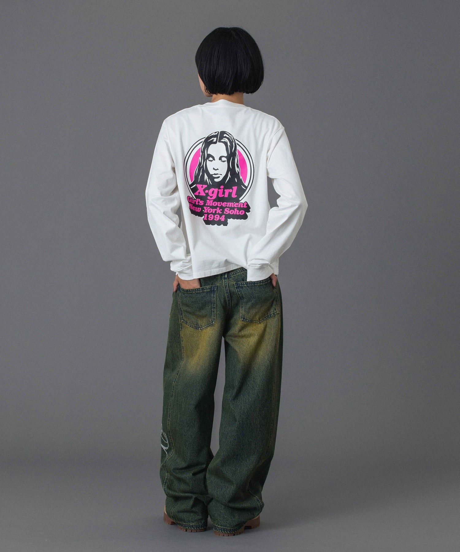 RHINESTONE LOGO LOOSE DENIM PANTS