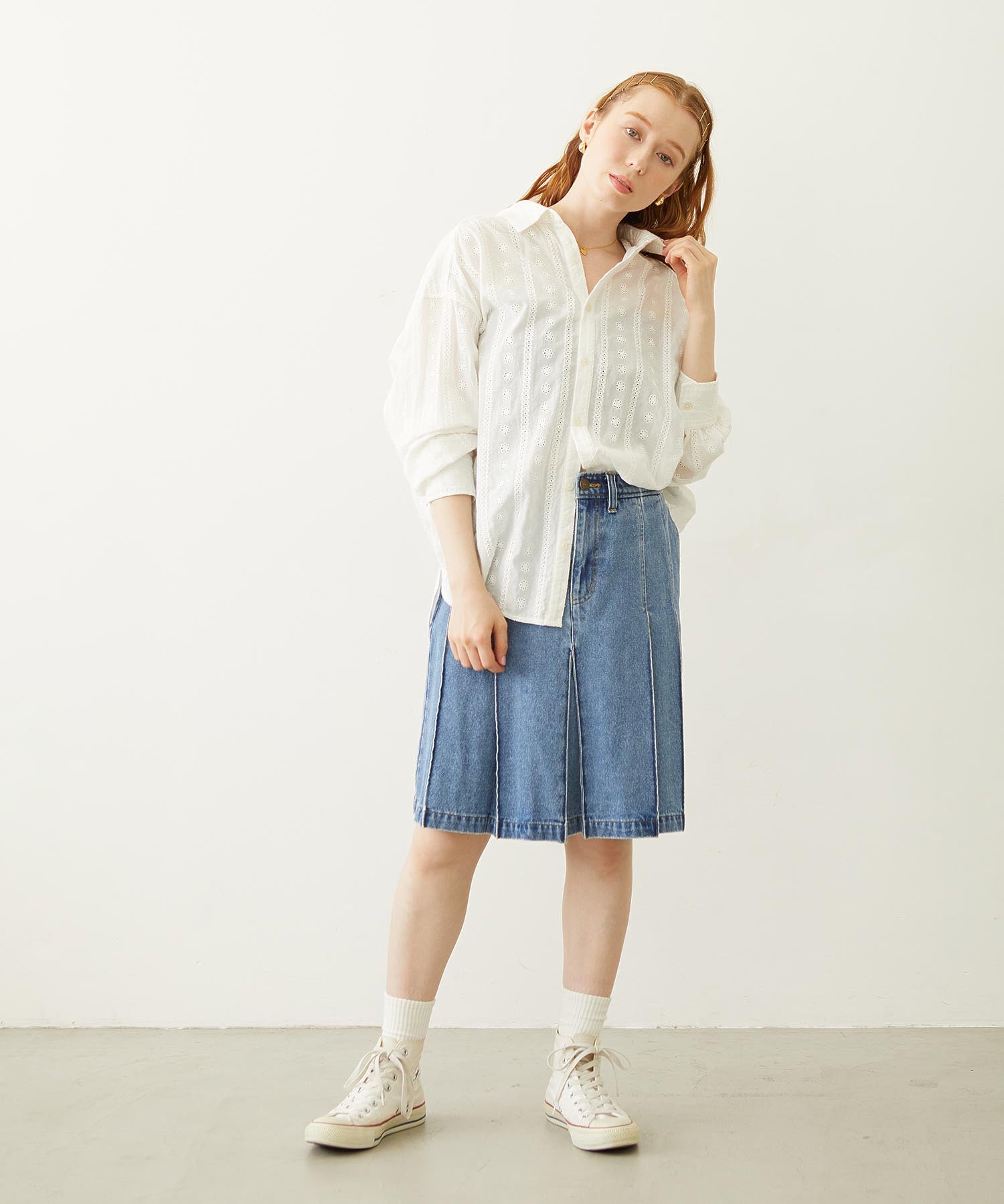 PLEATED DENIM SKIRT