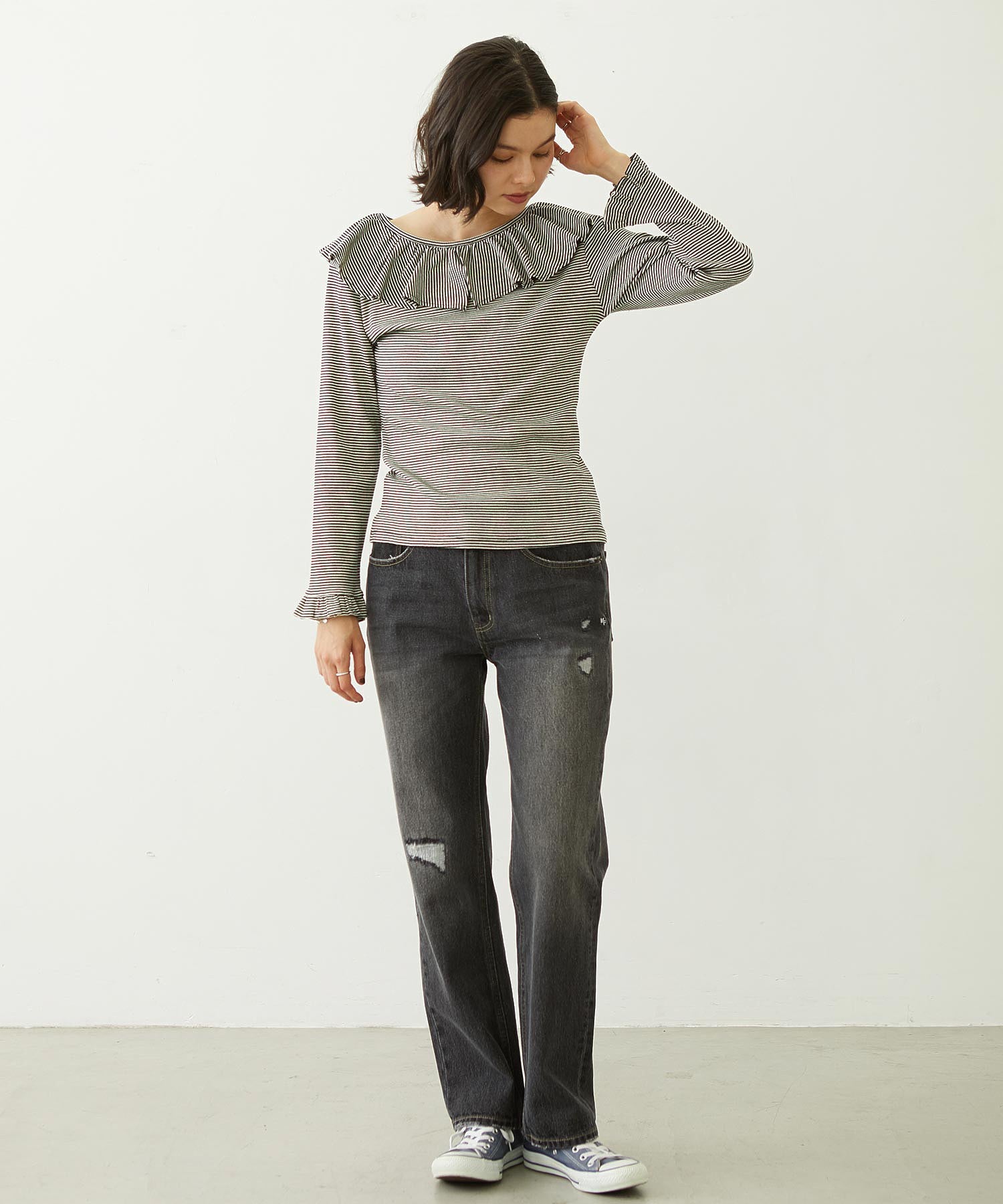 2WAY RUFFLE COLLAR STRIPED L/S TOP