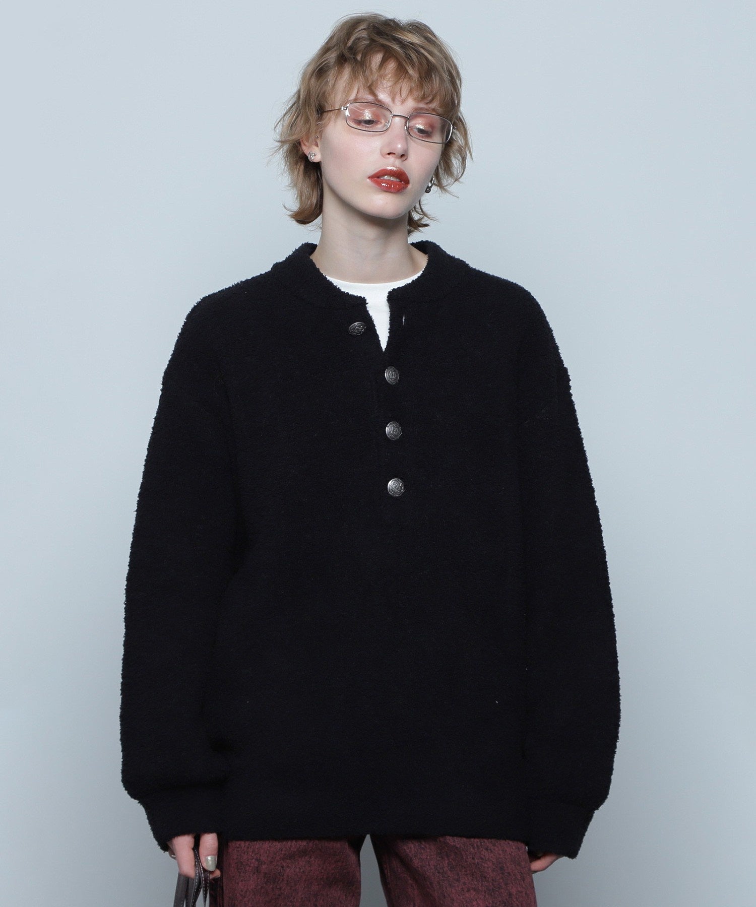 コンチョボタン モコモコ ヘンリーネックトップス