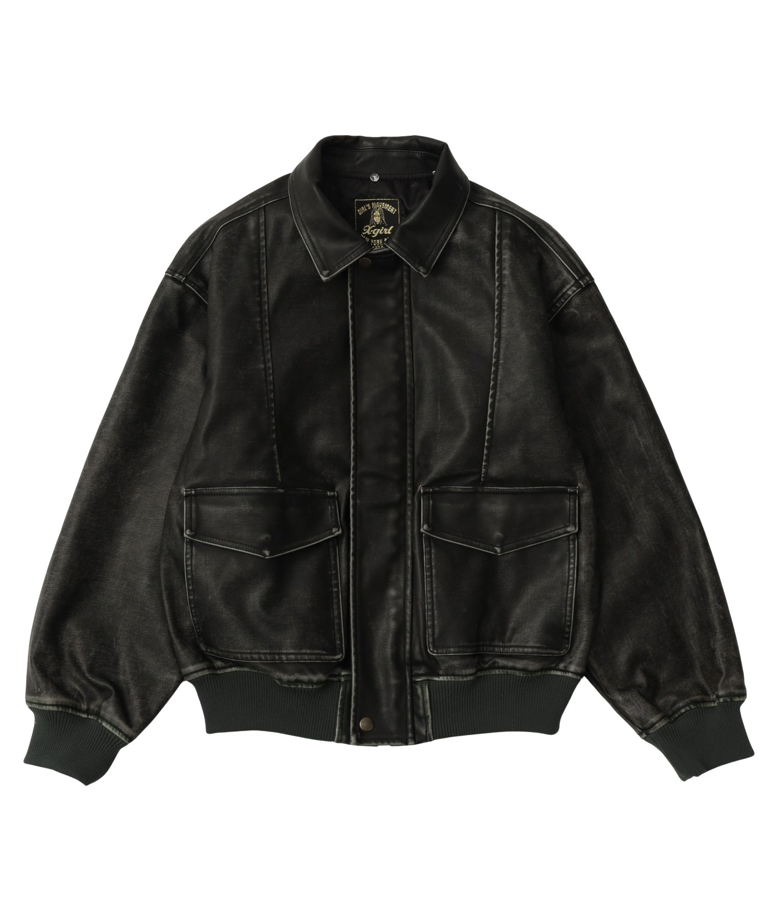 EMBOSSED LOGO PATCH DISTRESSED FAUX LEATHER JACKET