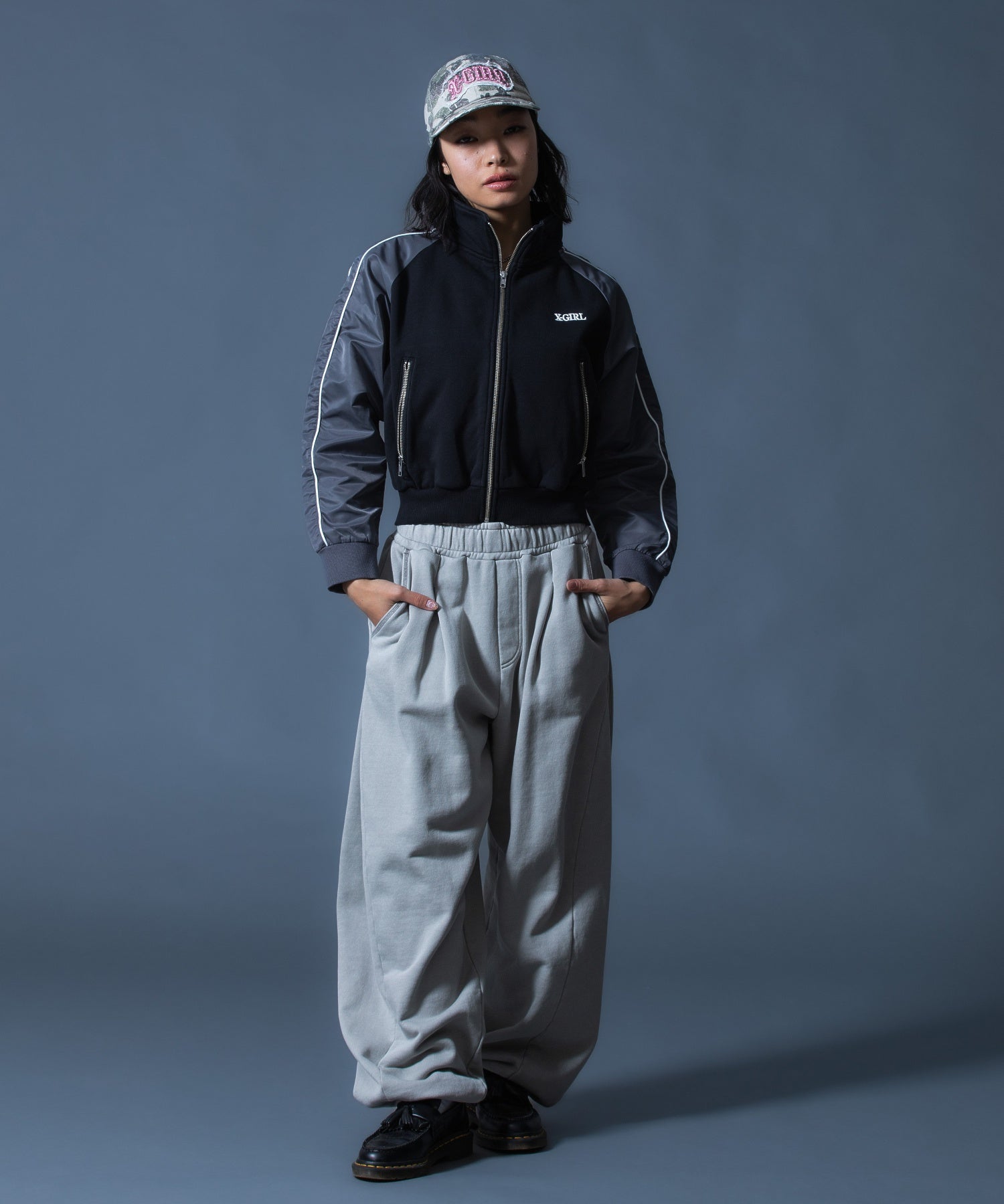 WOVEN MIX SWEAT ZIP UP TOP