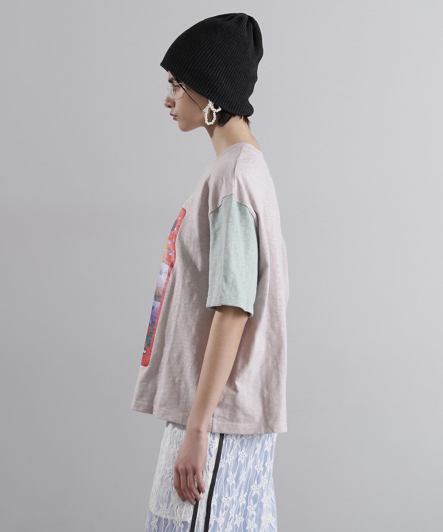 OKIRAKU×ROSE BUD/袖配色 プリントTシャツ