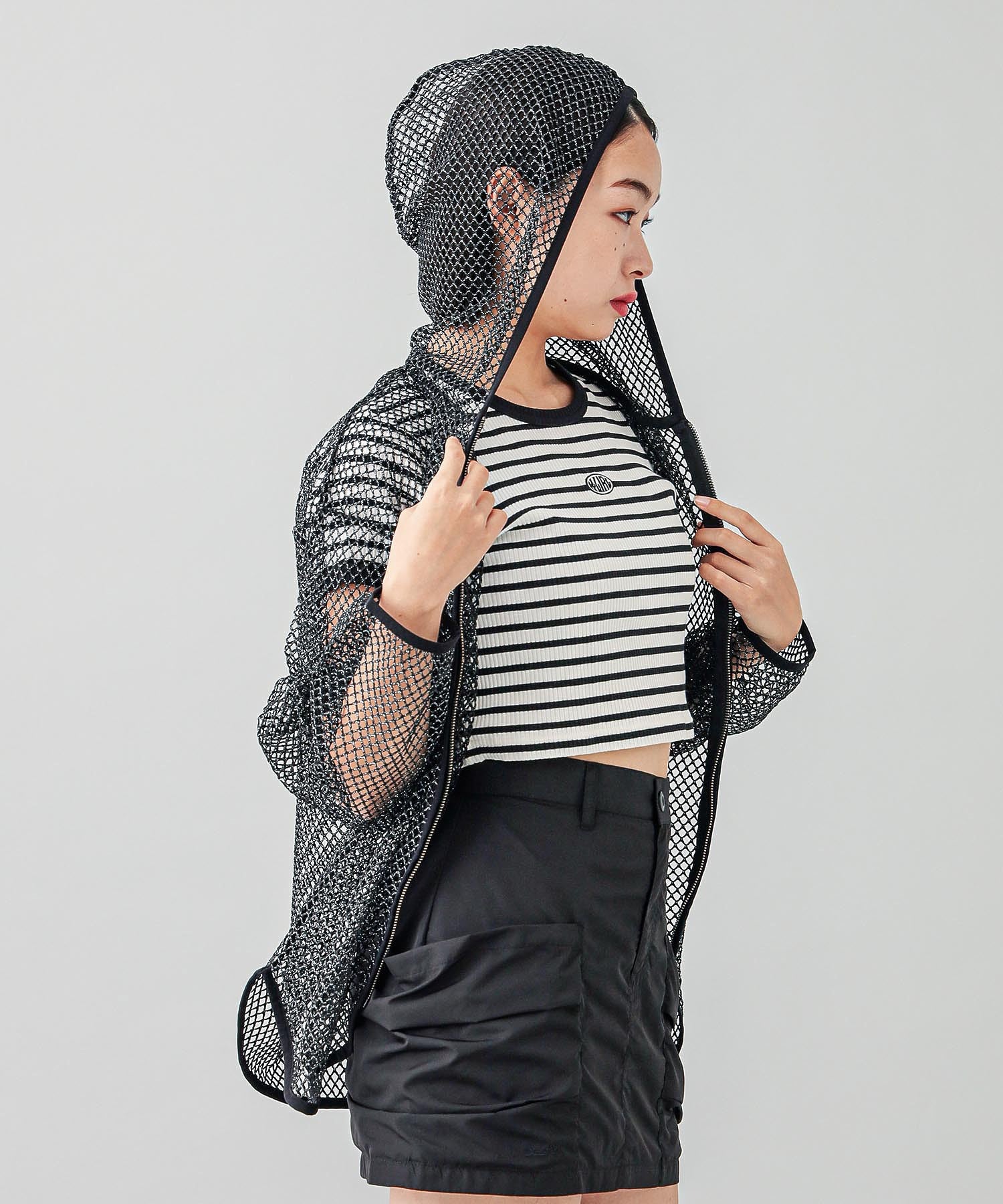 GLITTER MESH ZIP UP HOODIE