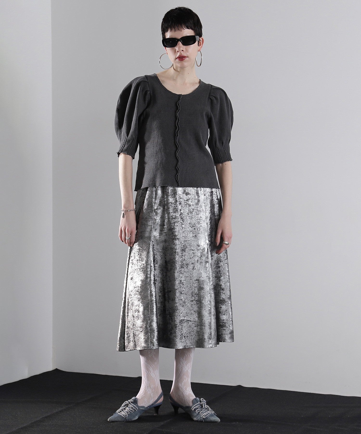 mici/ボリュームスリーブワッフルトップス