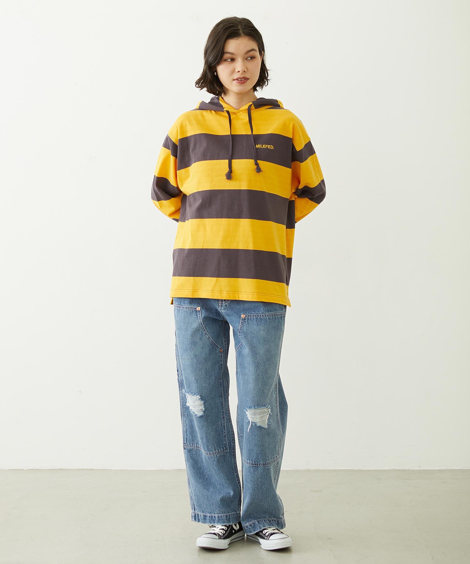 CONTRAST RIB STRIPED HOODED TOP