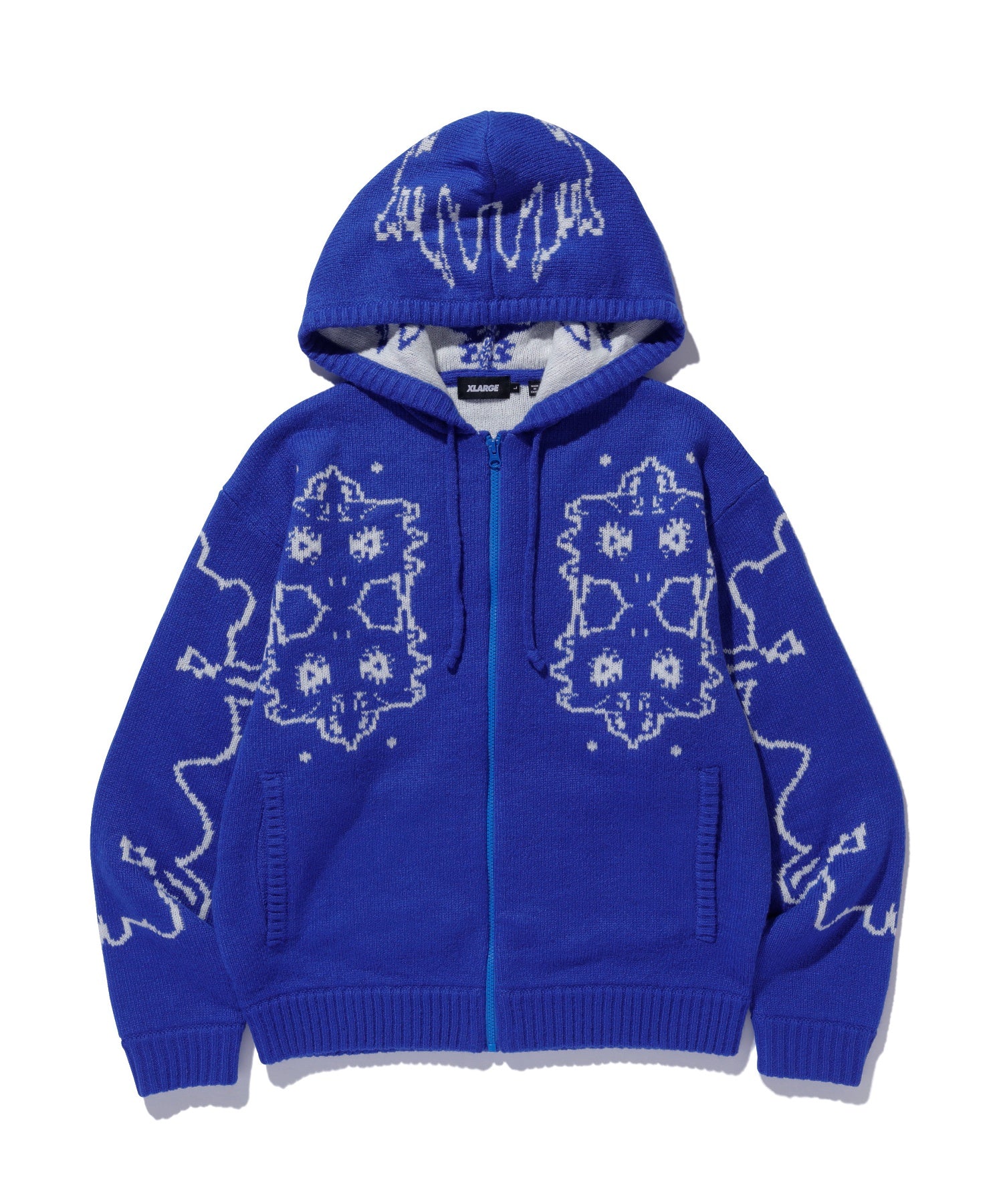 JACQUARD FUZZY ZIP UP HOODED SWEATER