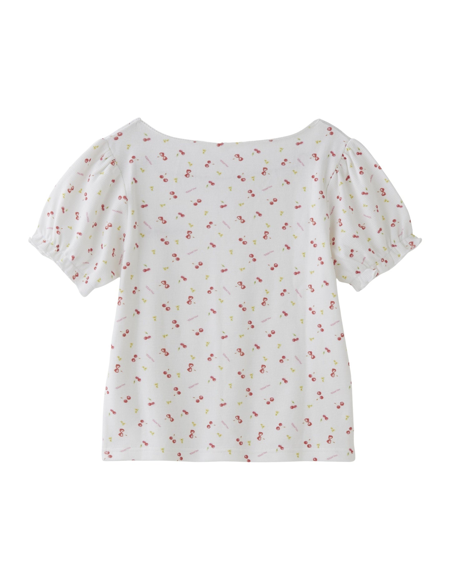 CHERRY PATTERN WAFFLE PUFF SLEEVES TOP