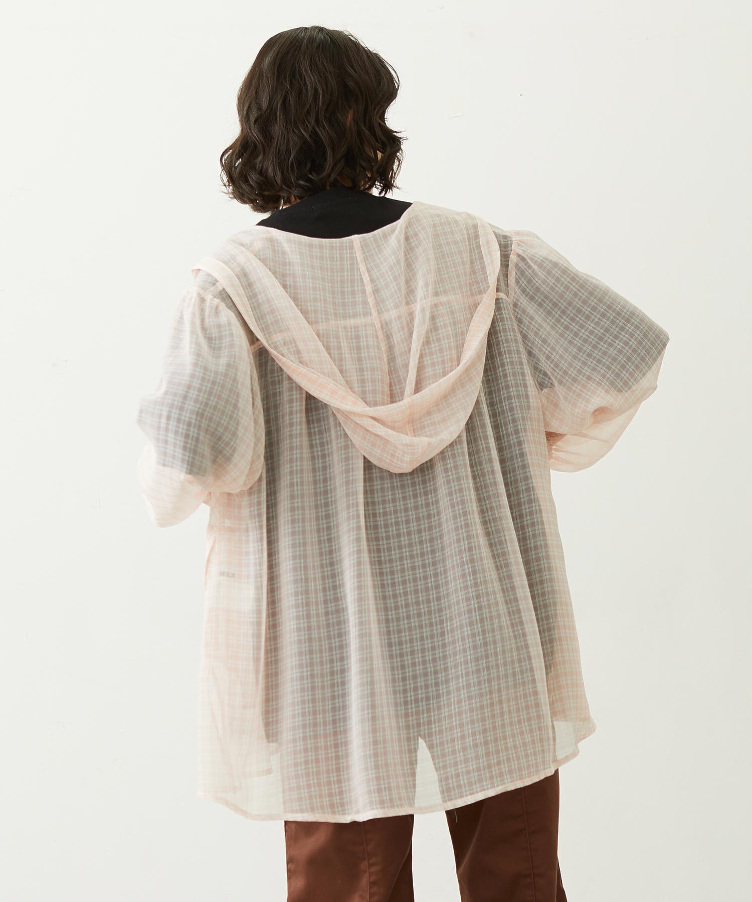SHEER PLAID HOODED TOP