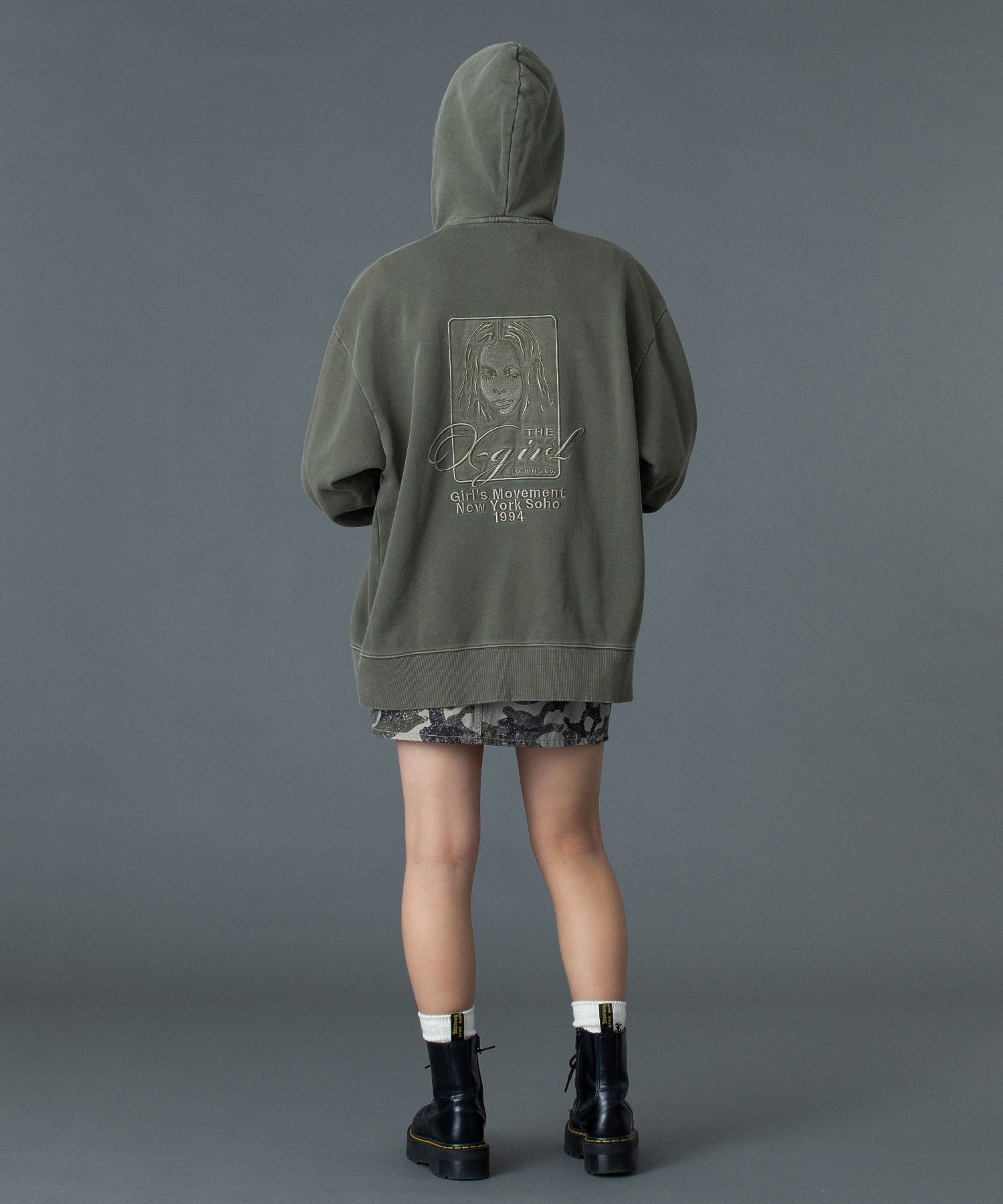 PIGMENT DYED FACE AND LOGO SQUARE PATCH ZIP UP SWEAT HOODIE