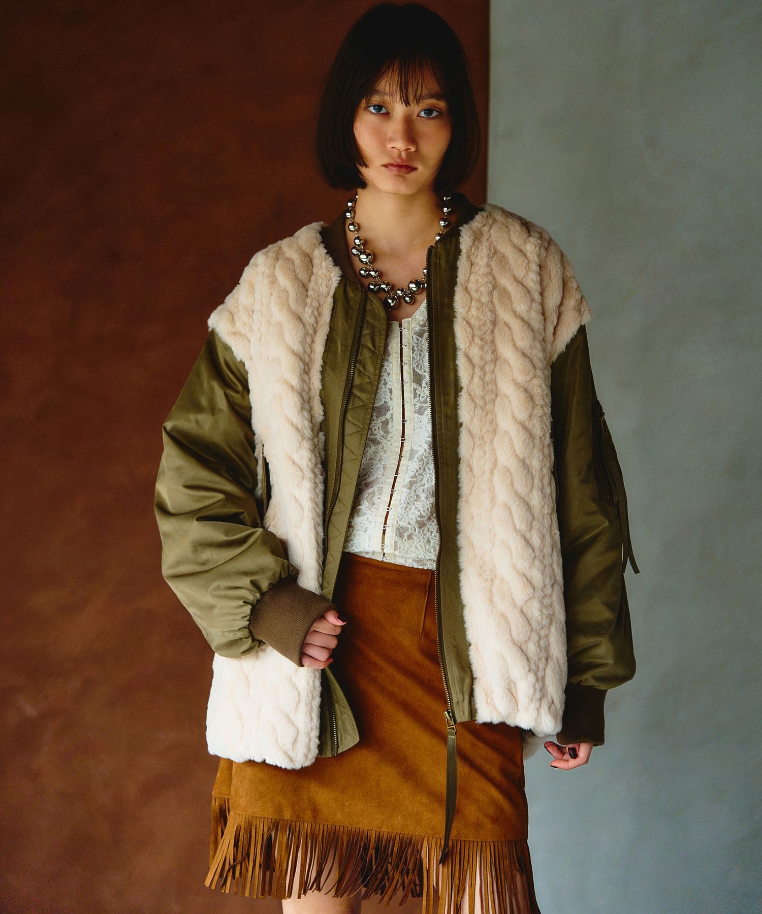 GENE HEAVENS/CABLE EMBOS/FAUX FUR MA1 JACKET