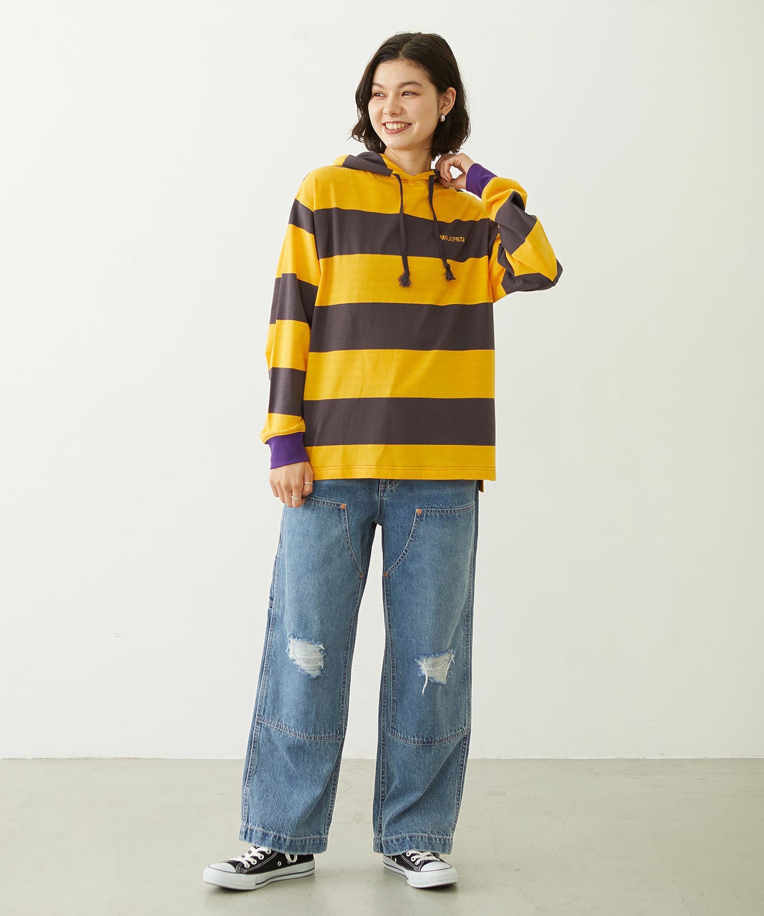 CONTRAST RIB STRIPED HOODED TOP