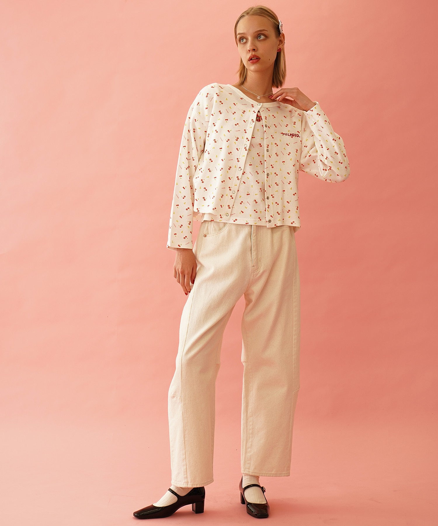 CHERRY PATTERN WAFFLE PUFF SLEEVES TOP