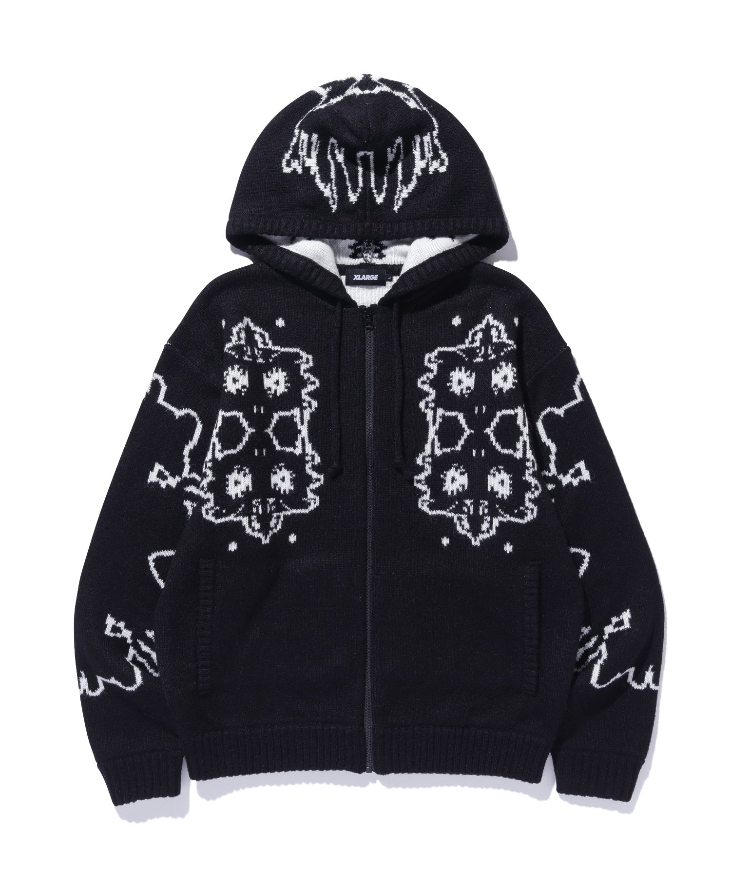 JACQUARD FUZZY ZIP UP HOODED SWEATER