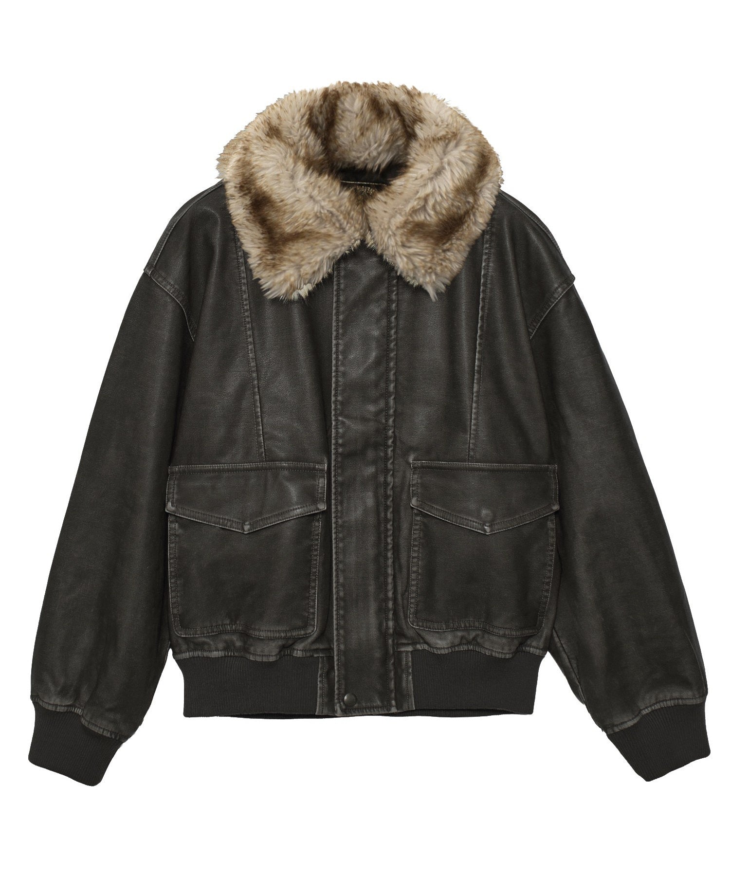 EMBOSSED LOGO PATCH DISTRESSED FAUX LEATHER JACKET