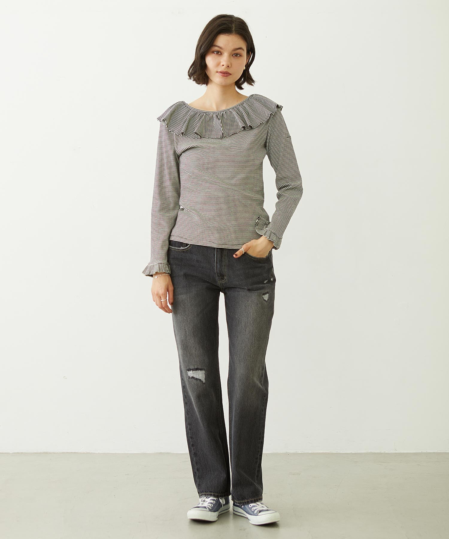 2WAY RUFFLE COLLAR STRIPED L/S TOP