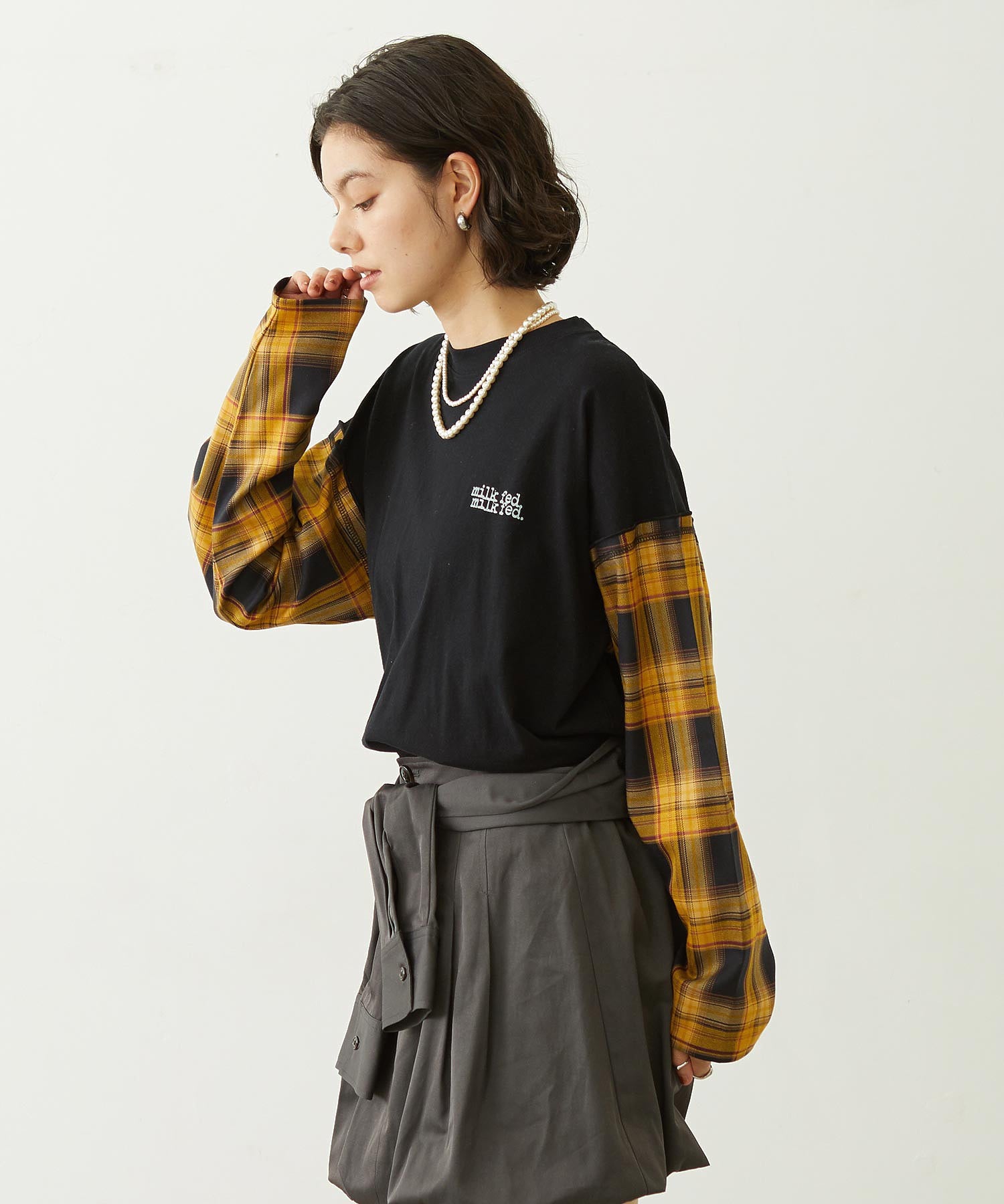 PLAID SLEEVES L/S TOP