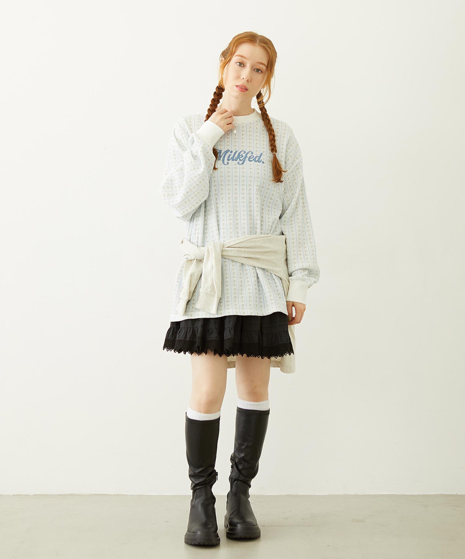 STRIPED FLOWER WAFFLE L/S TOP