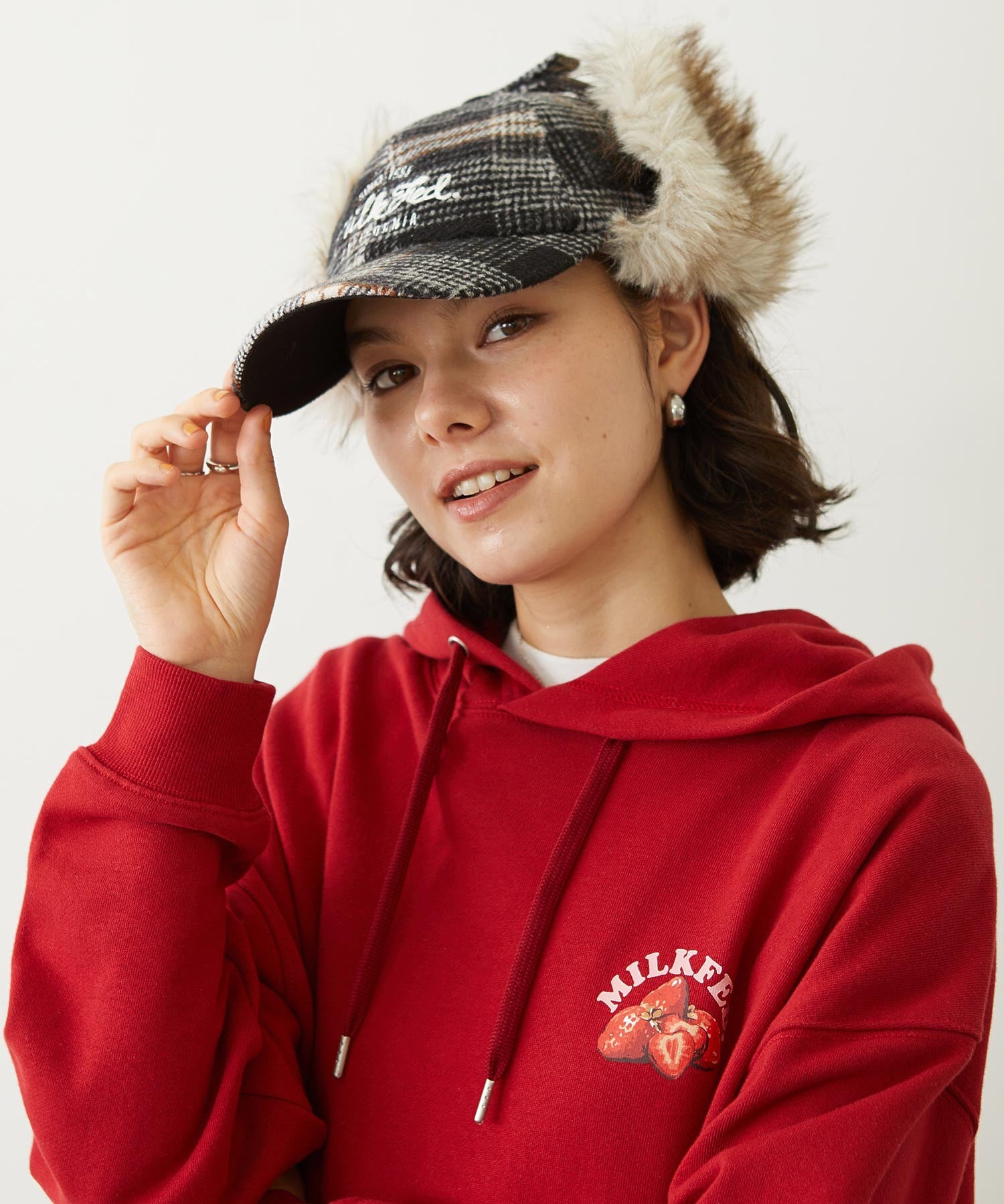 PLAID PATTERN FUR EAR FLAP