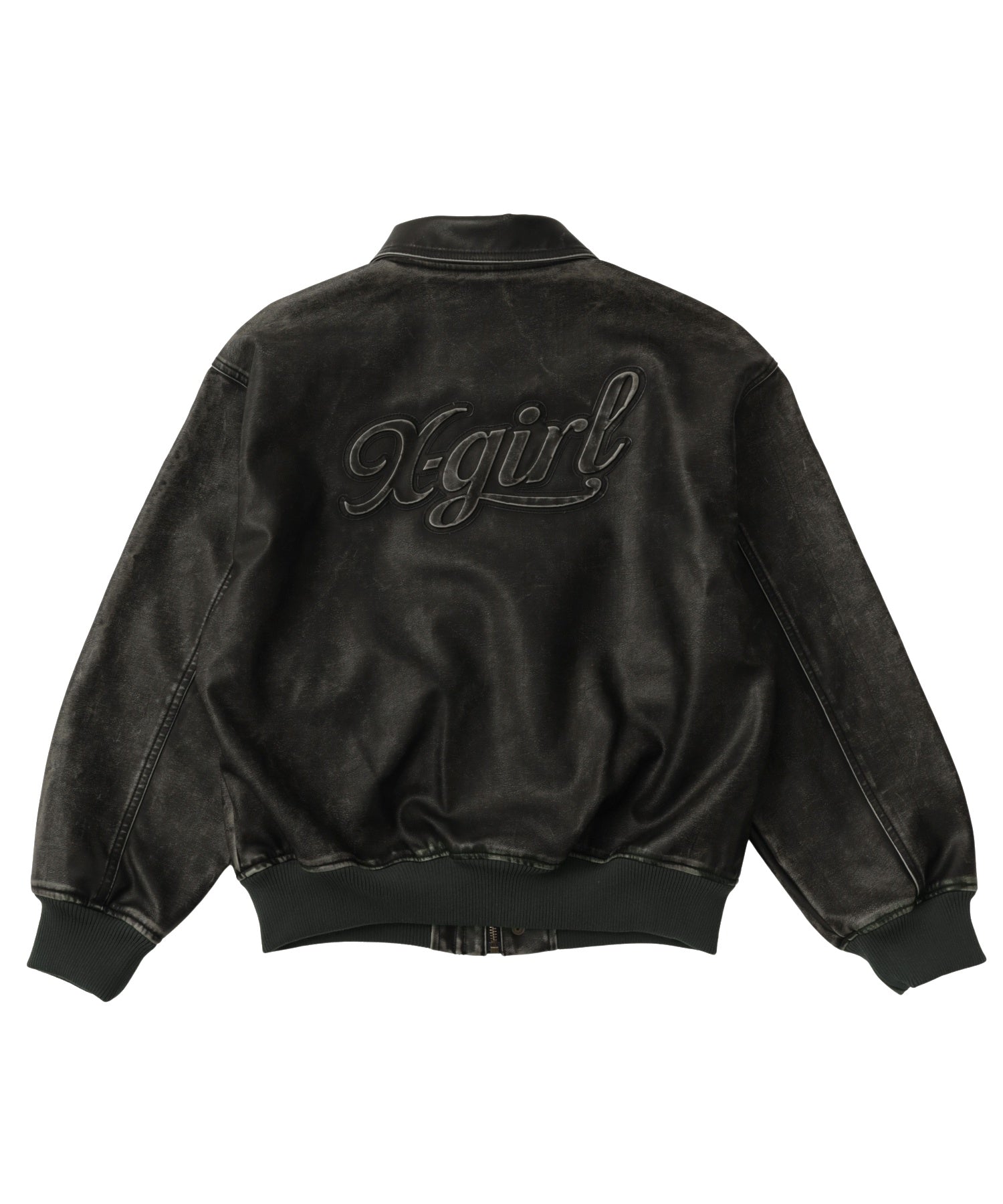 EMBOSSED LOGO PATCH DISTRESSED FAUX LEATHER JACKET