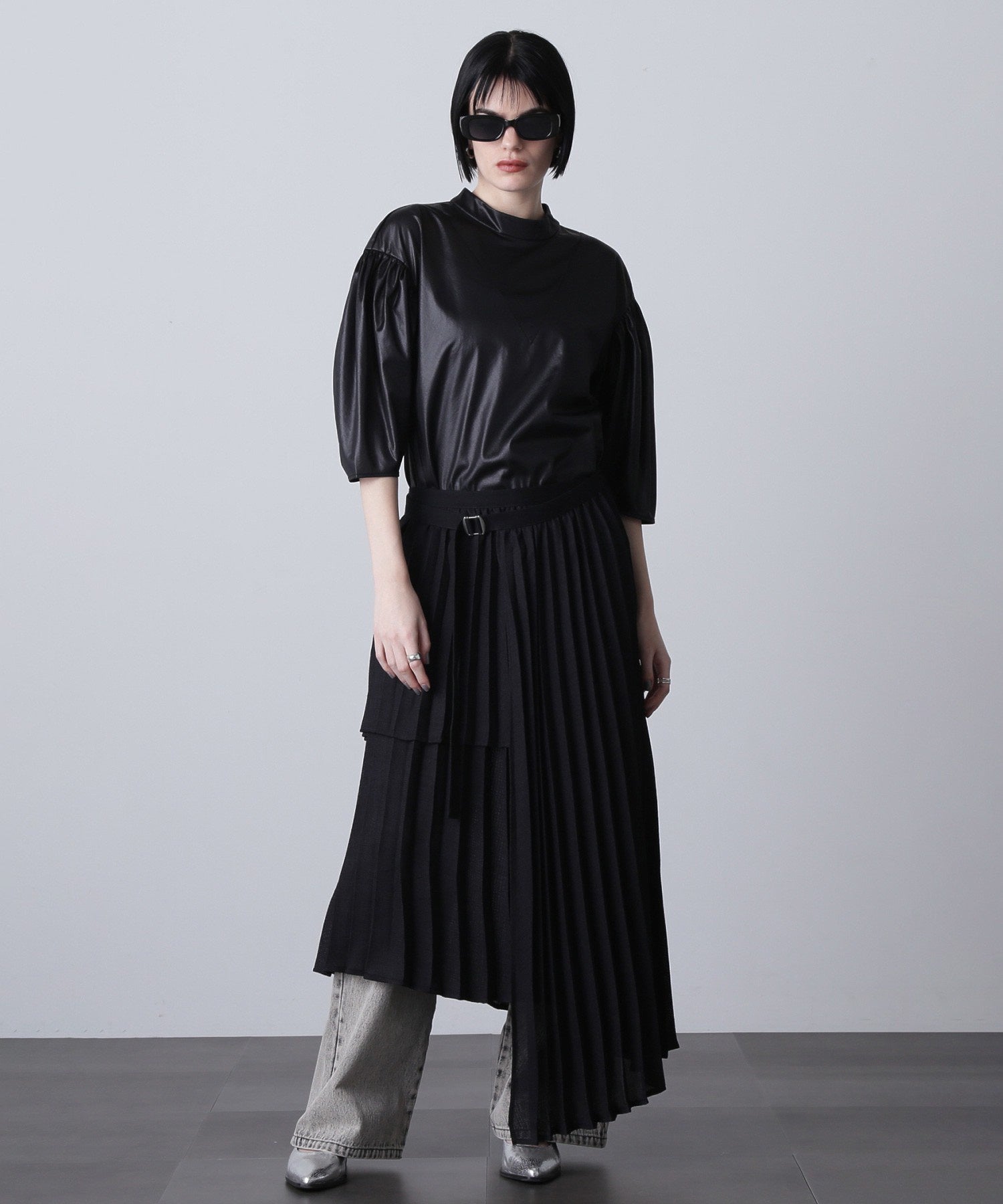 mici/VOLUME SLEEVE TRICOT CHIFFON TOP