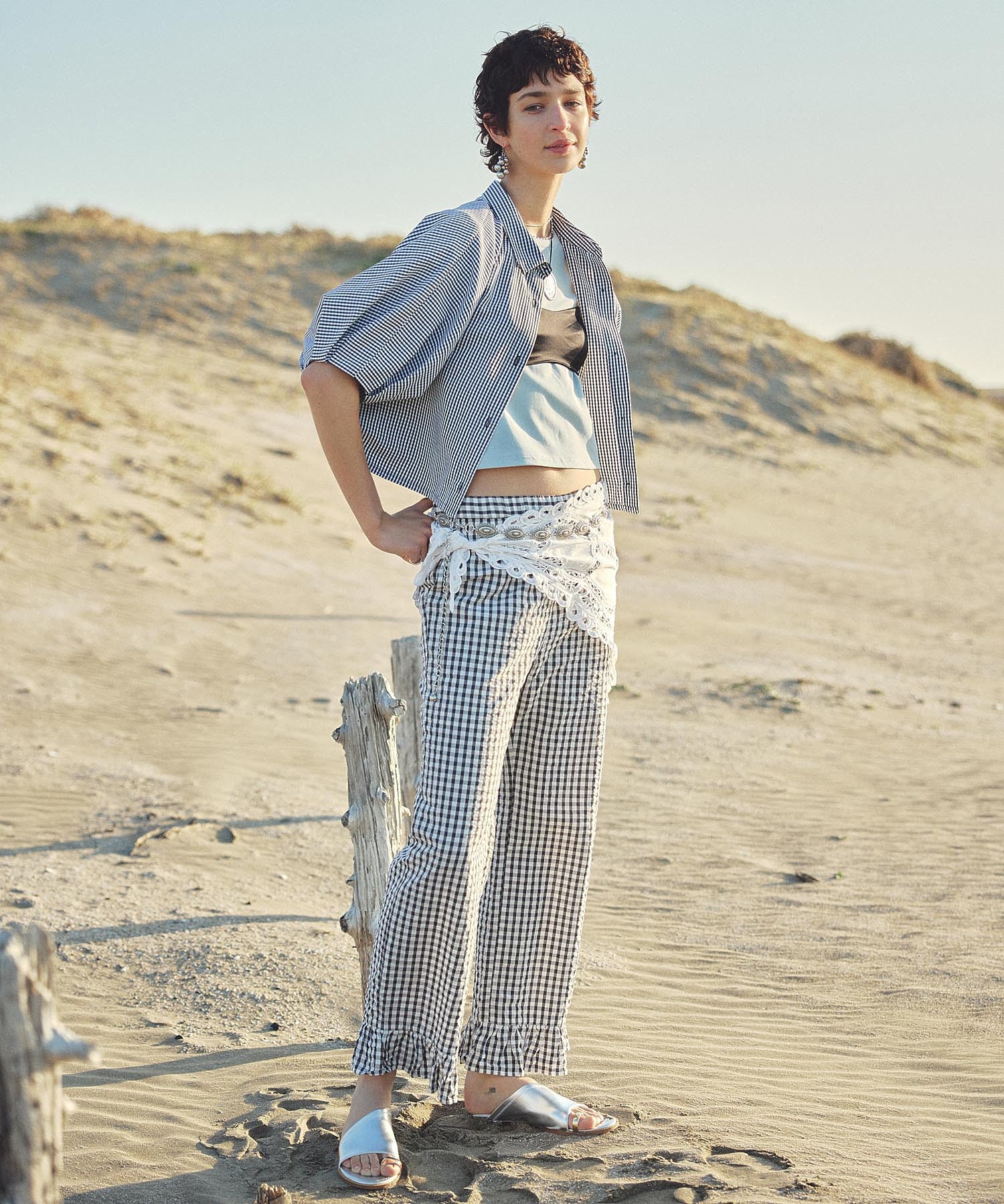 GINGHAM FRILL HEM PANTS
