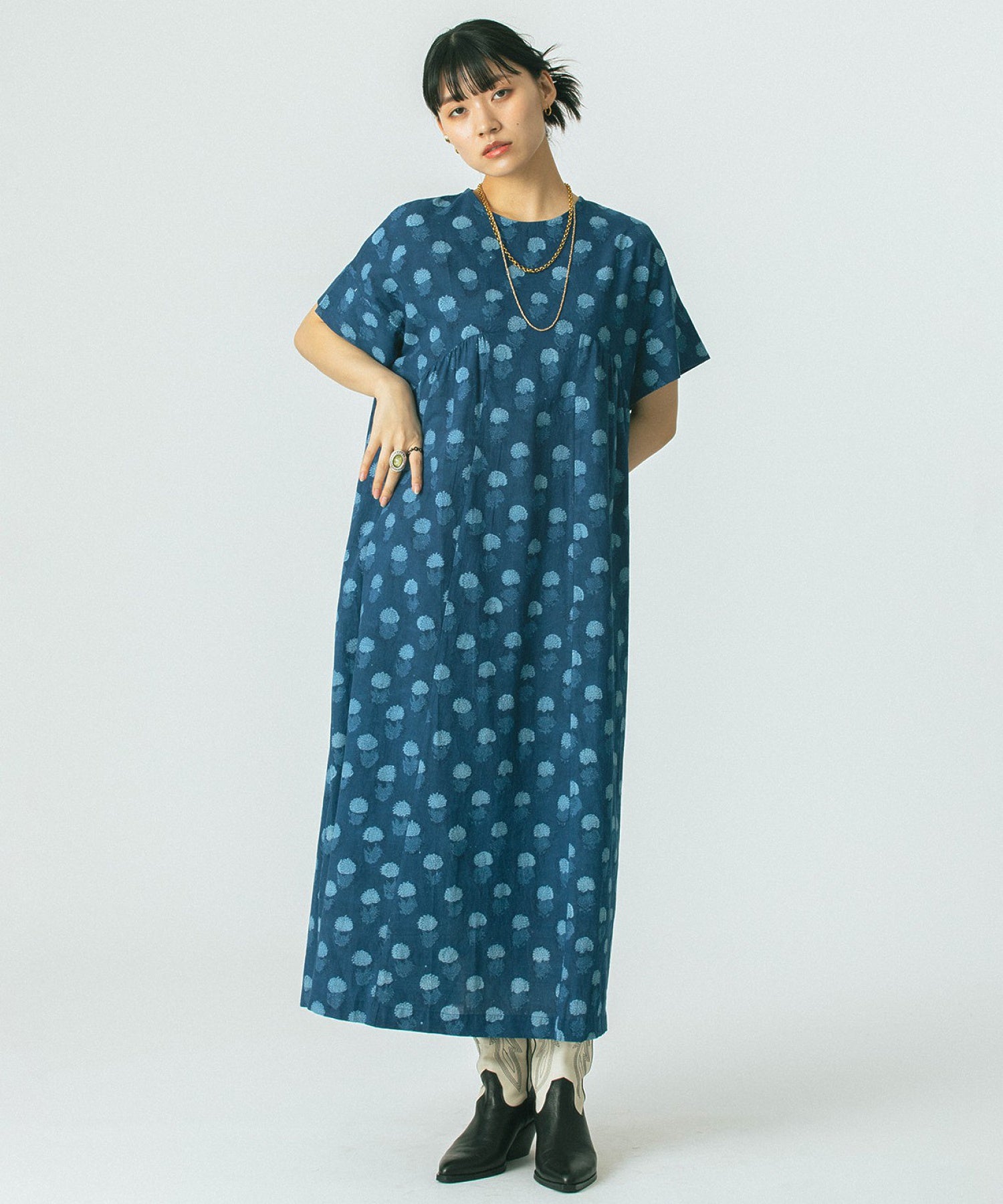 GENE HEAVENS/INDIGO FLOWER SMOCK DRESS