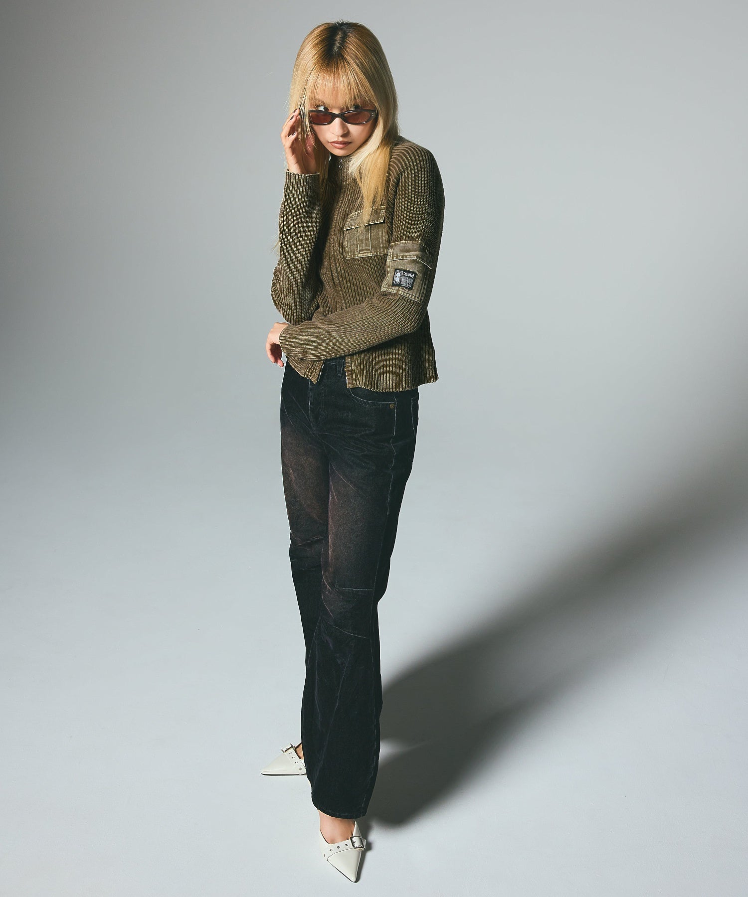 FADED WOVEN MIX ZIP UP KNIT TOP