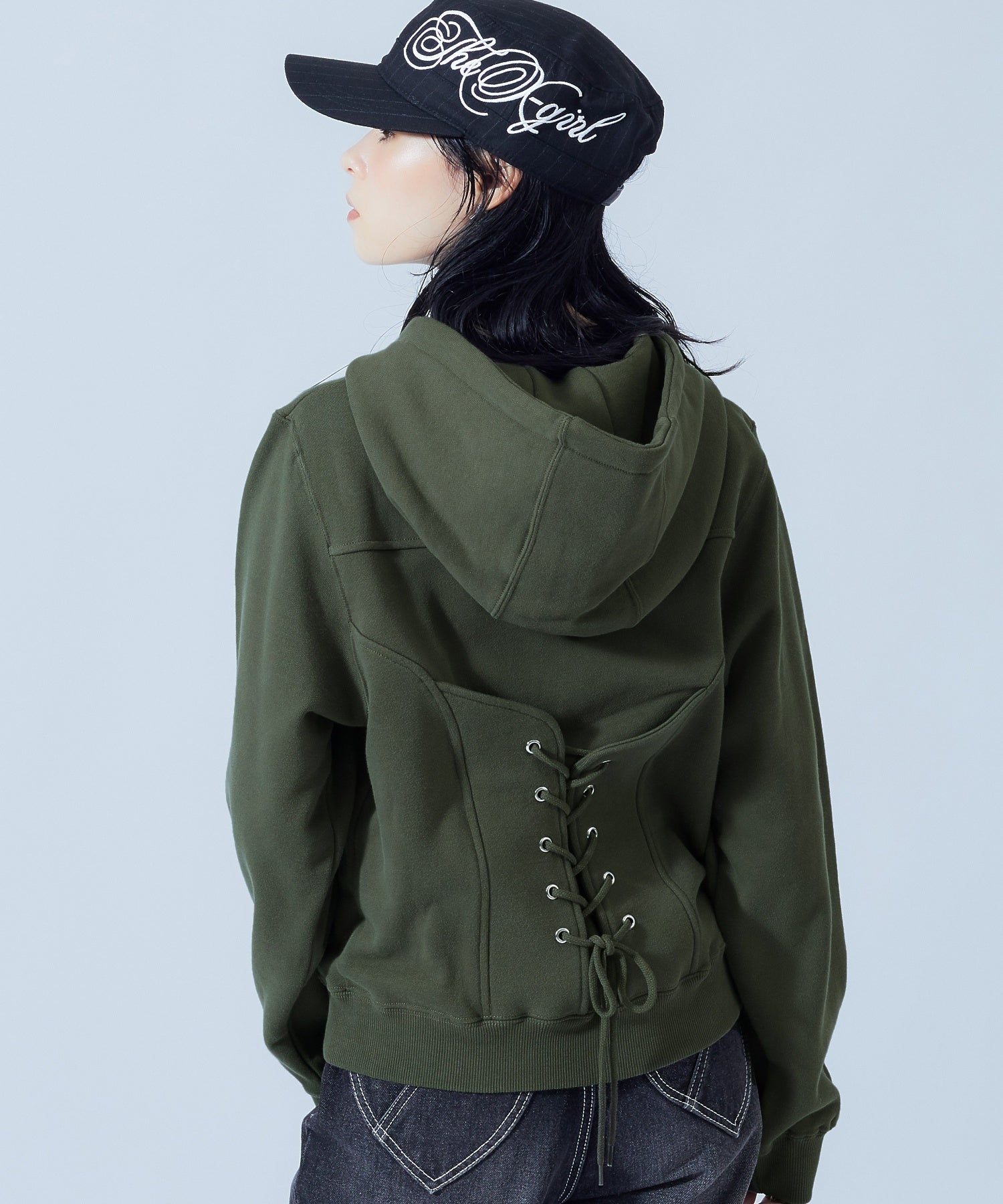 BACK LACE UP ZIP UP SWEAT HOODIE