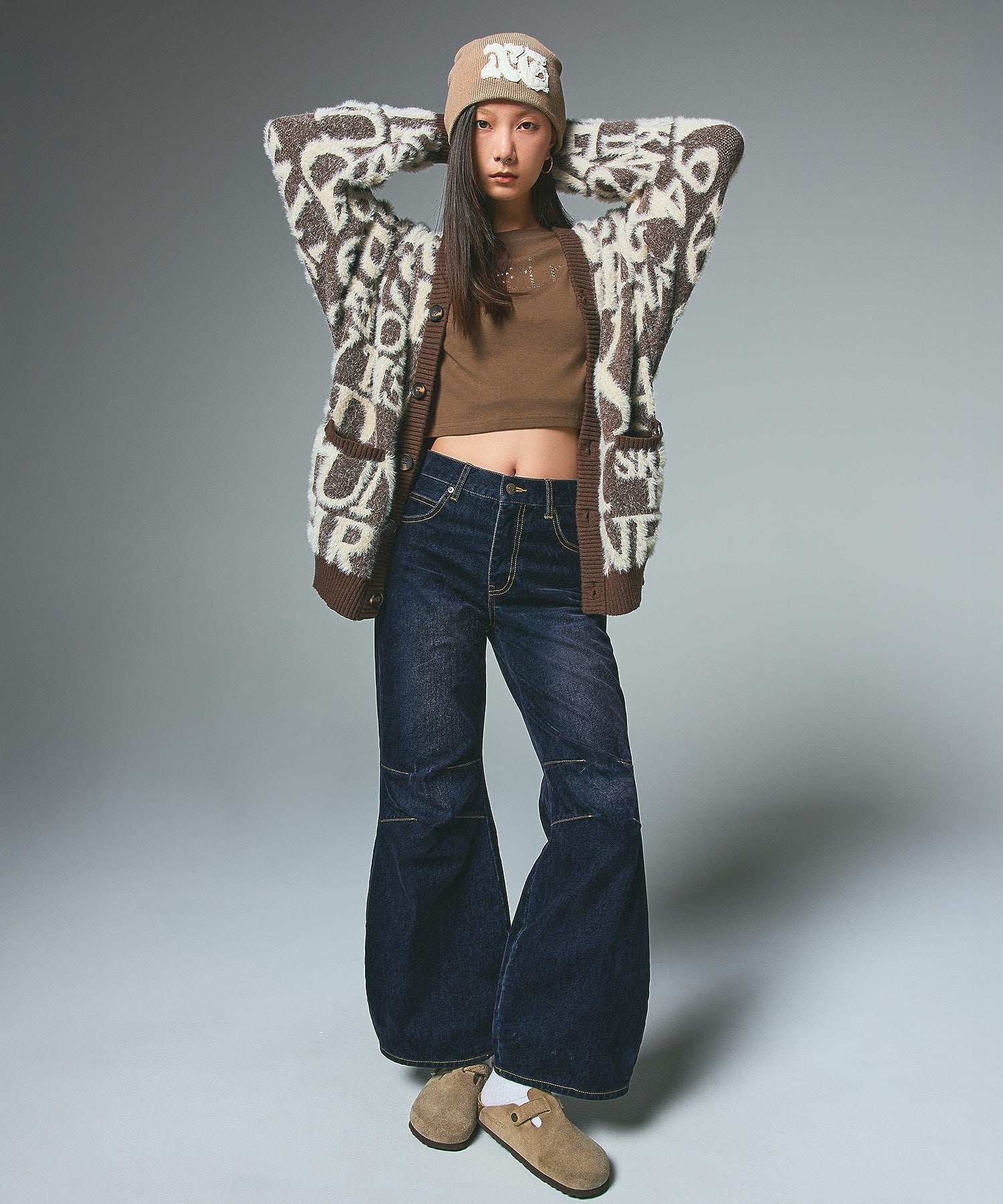 FLOCKED DENIM FLARE PANTS