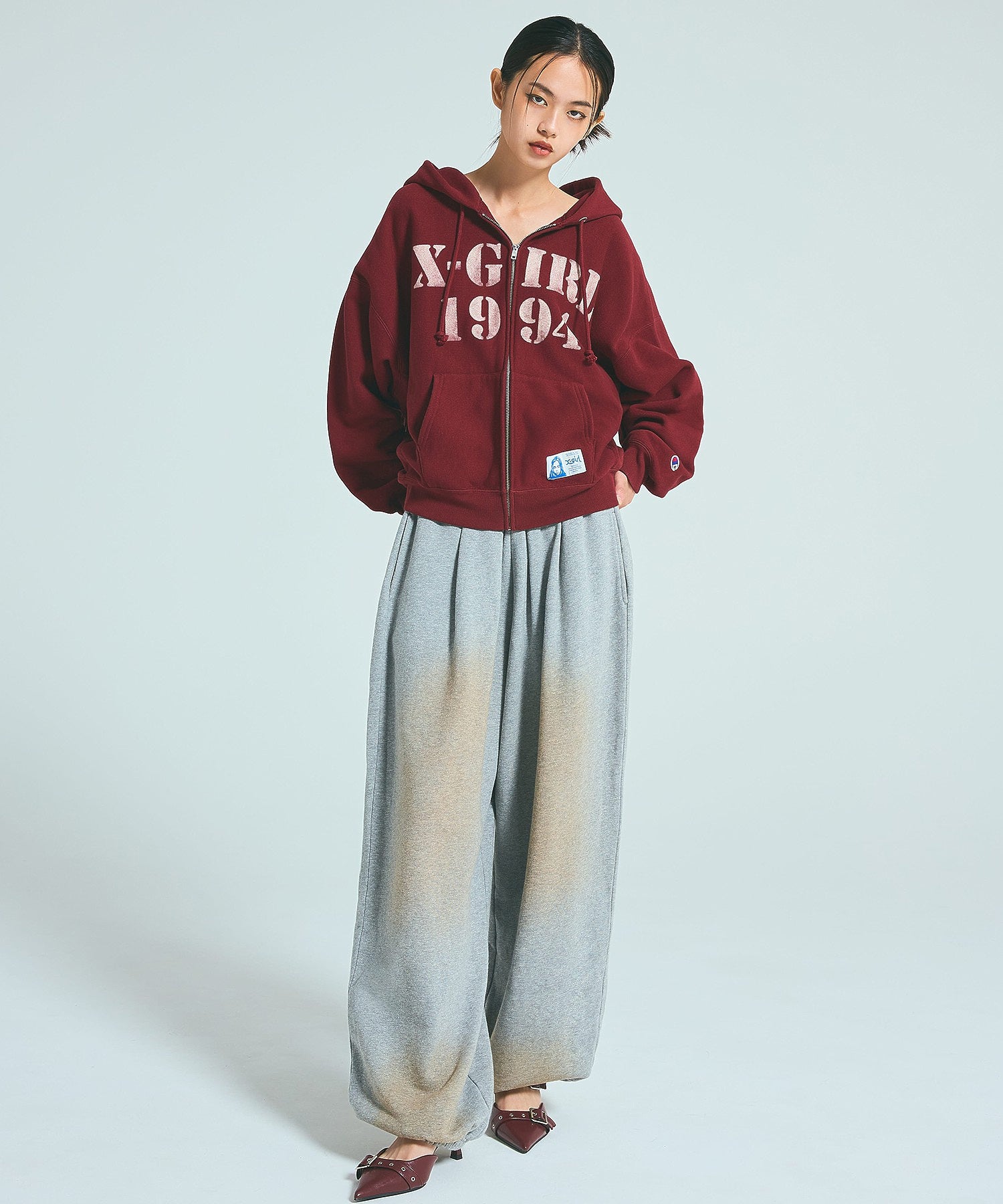 X-girl × Champion REVERSE WEAVE STENCIL LOGO ZIP UP HOODIE