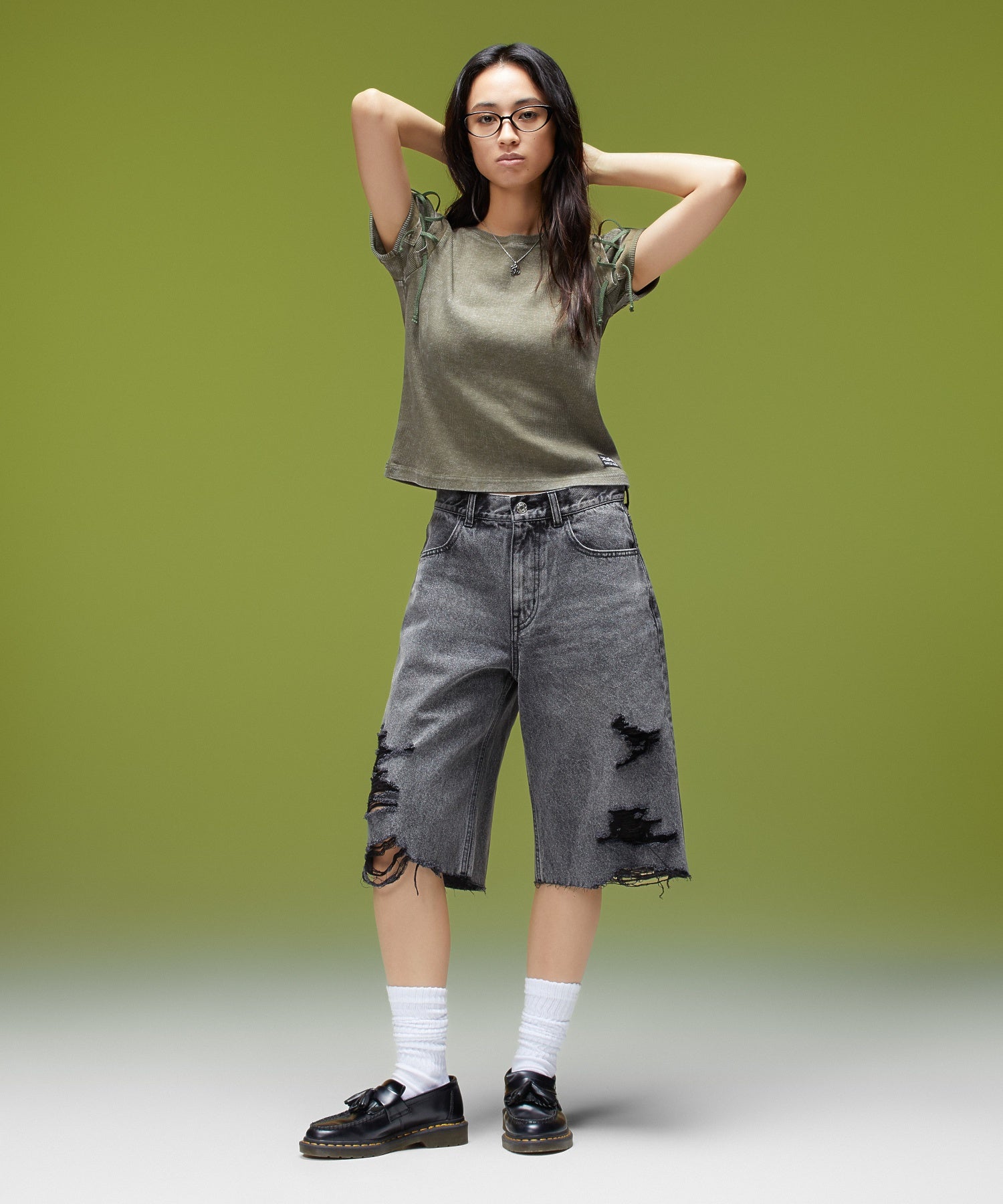 FADED LACED UP SLEEVE S/S COMPACT TOP