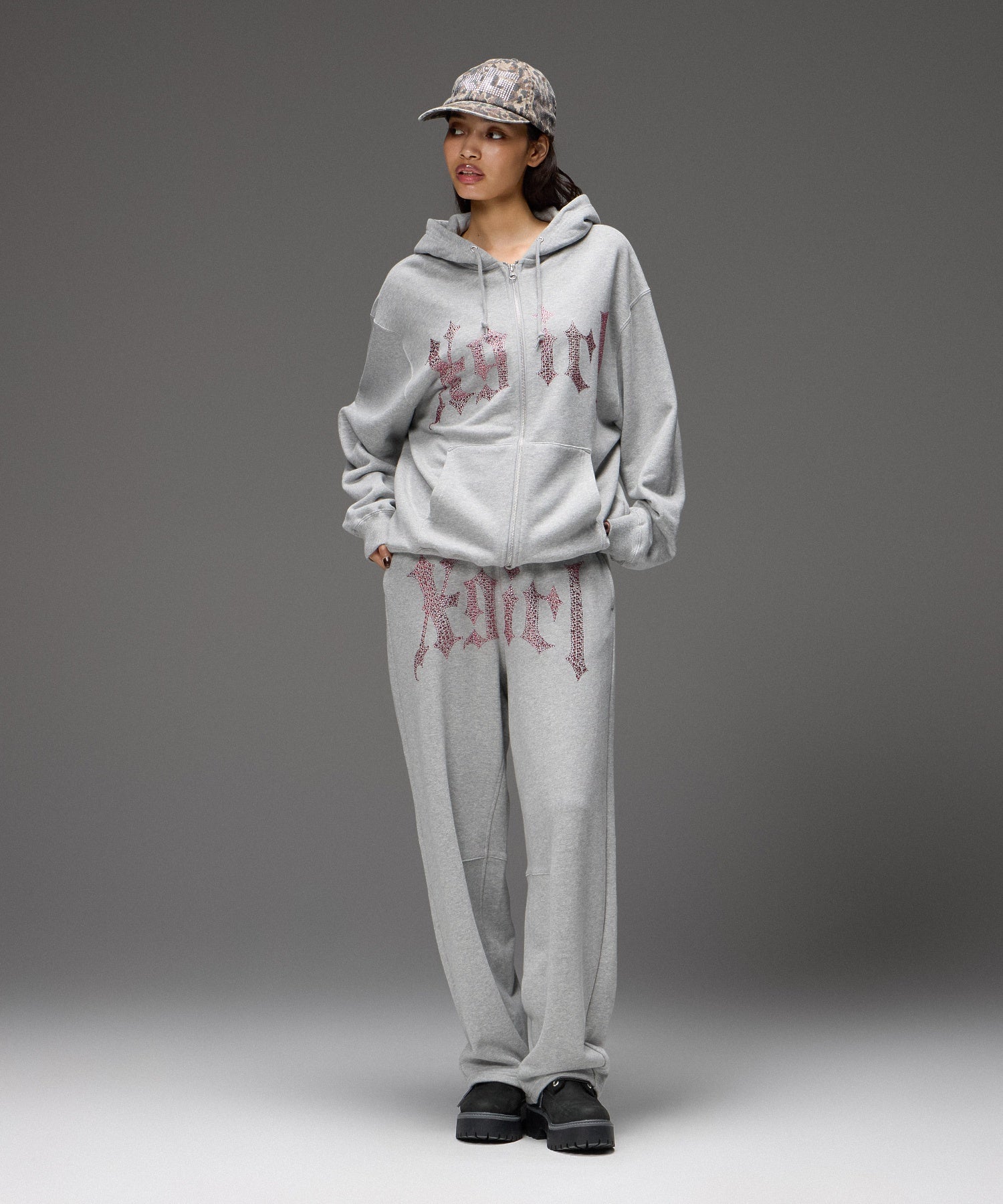 RHINESTONE BLACKLETTER LOGO ZIP UP SWEAT HOODIE
