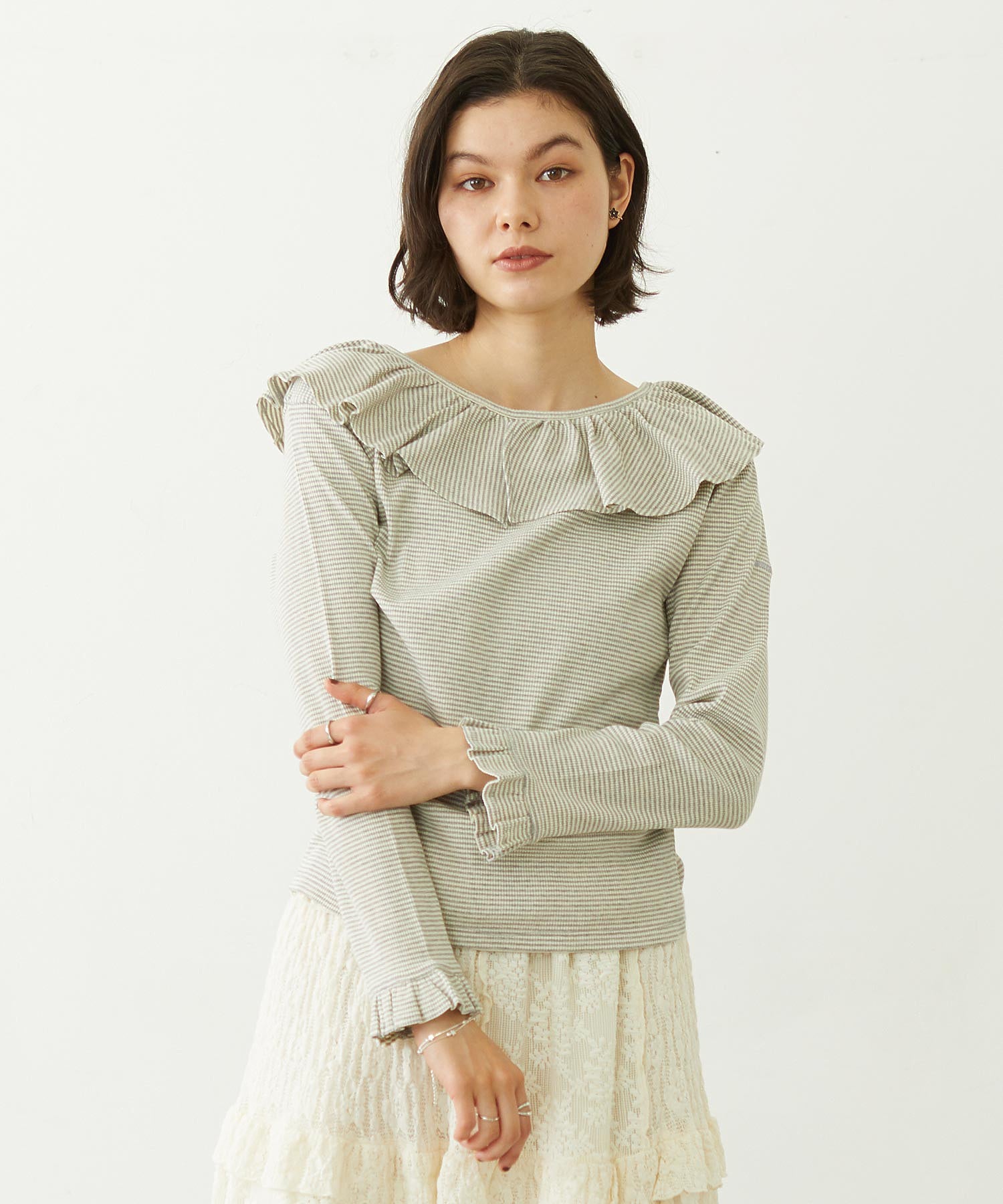 2WAY RUFFLE COLLAR STRIPED L/S TOP