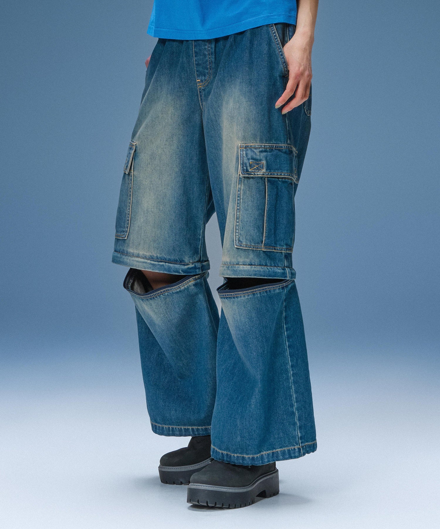 FADED 2WAY WIDE LEG DENIM CARGO PANTS