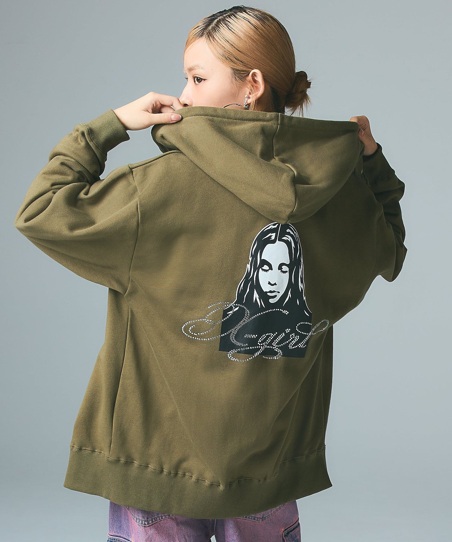 RHINESTONE LOGO AND FACE ZIP UP SWEAT HOODIE