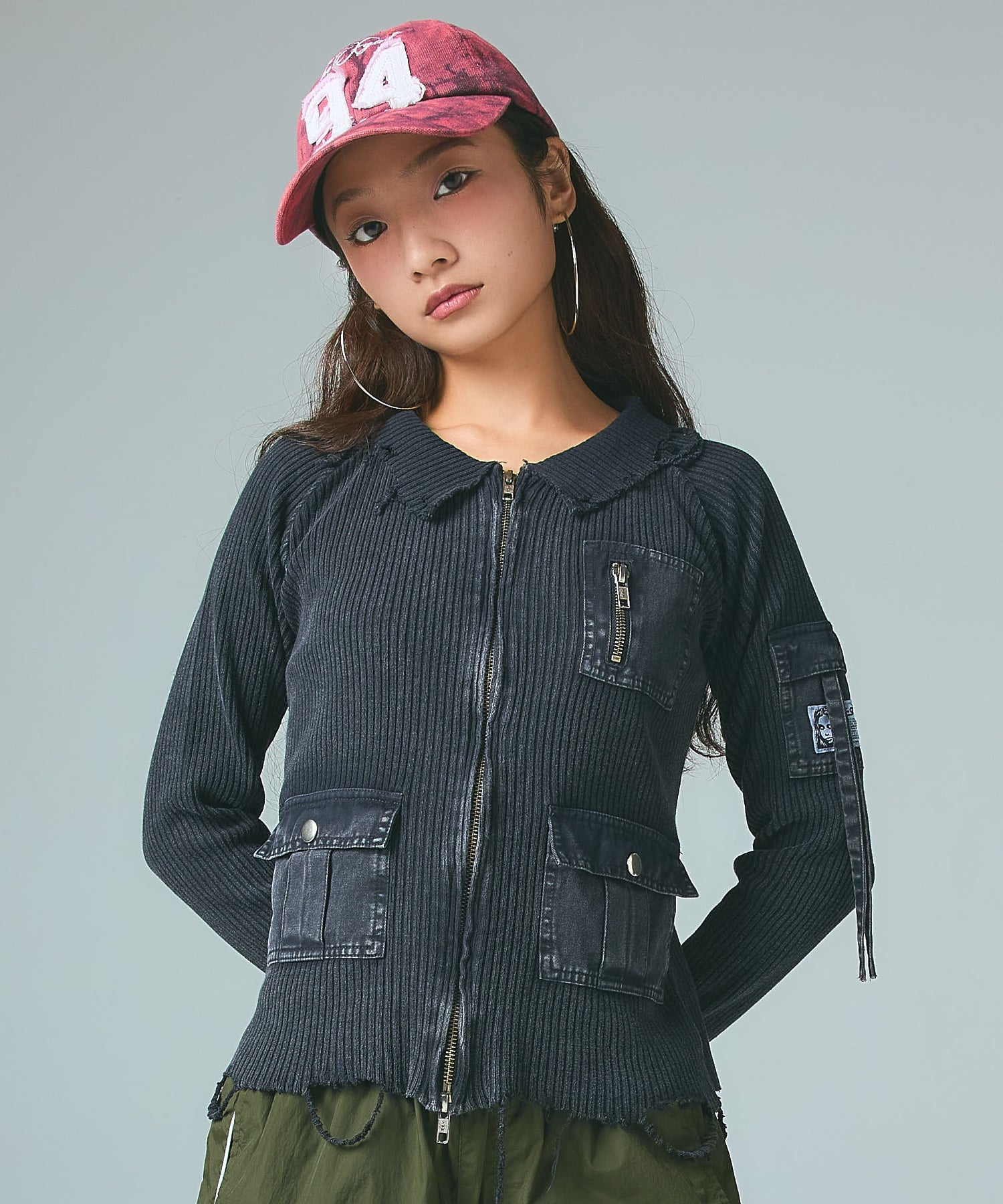 DISTRESSED WOVEN MIX ZIP UP TOP